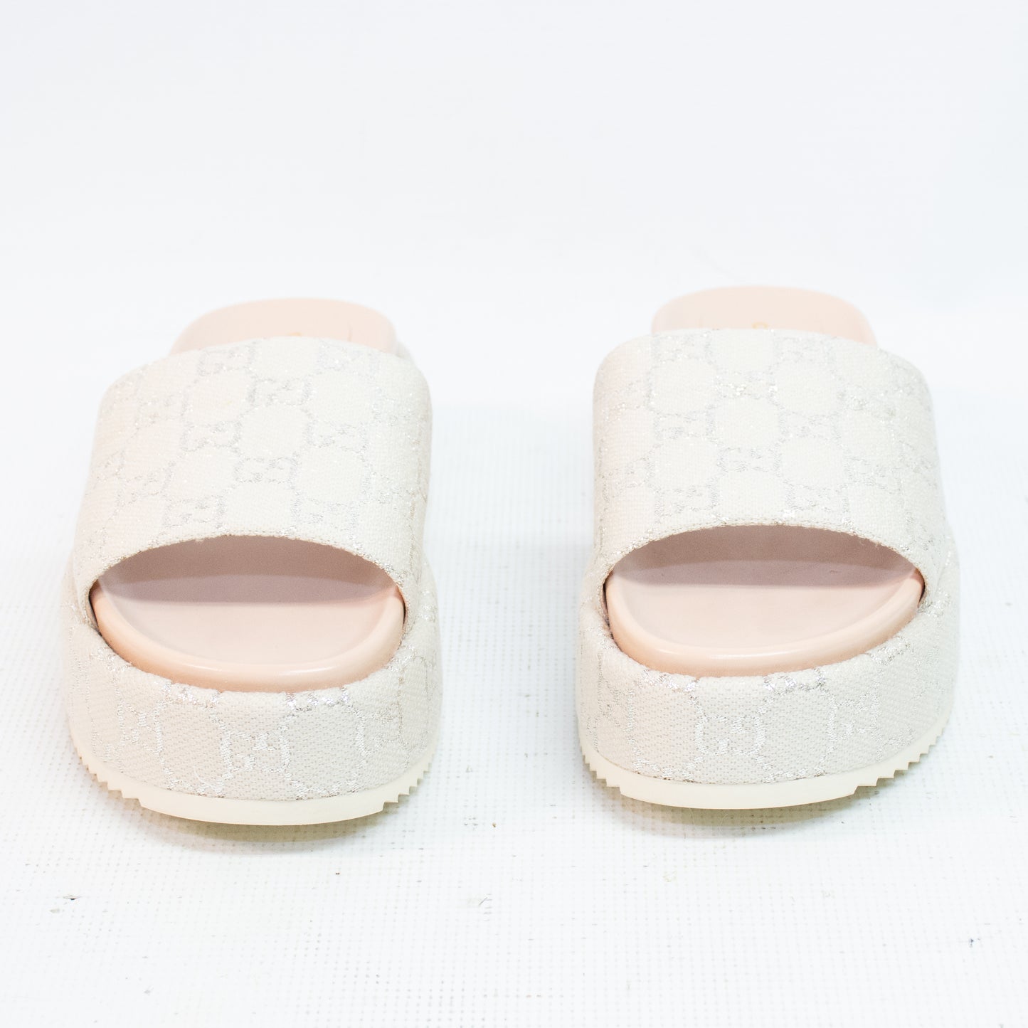 Gucci 623212 Platform Shoes Light GG Lame Gardenia Silver Shoes - 9-1/2