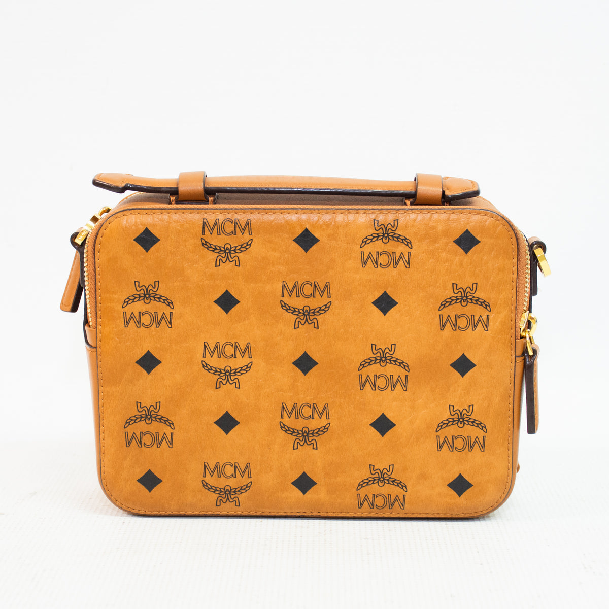 MCM Cognac Visetos Coated Leather Canvas Double Zip Camera Cross Body Bag