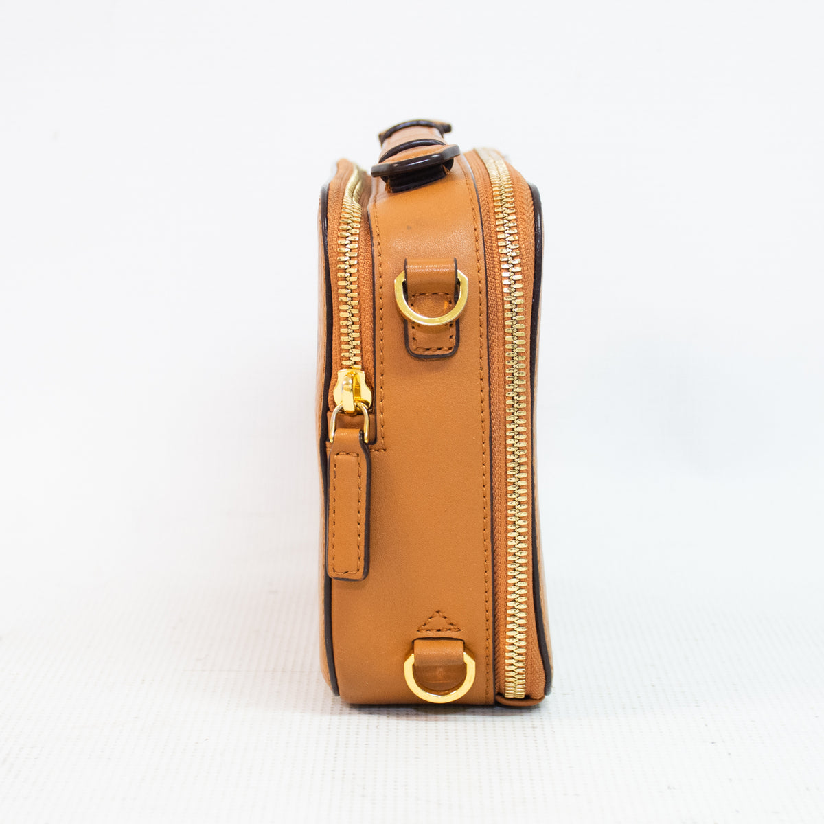 MCM Cognac Visetos Coated Leather Canvas Double Zip Camera Cross Body Bag