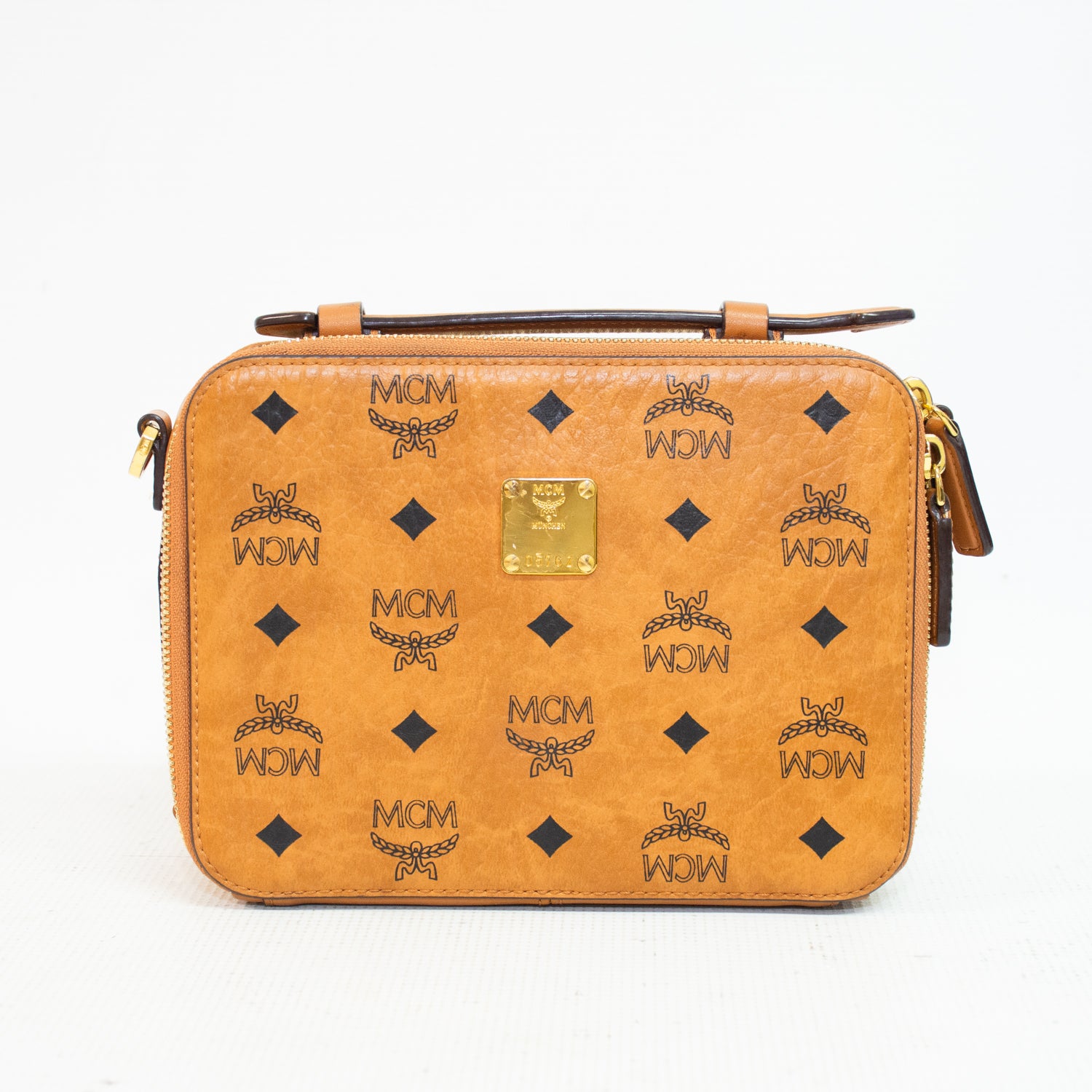 MCM Cognac Visetos Coated Leather Canvas Double Zip Camera Cross Body Bag
