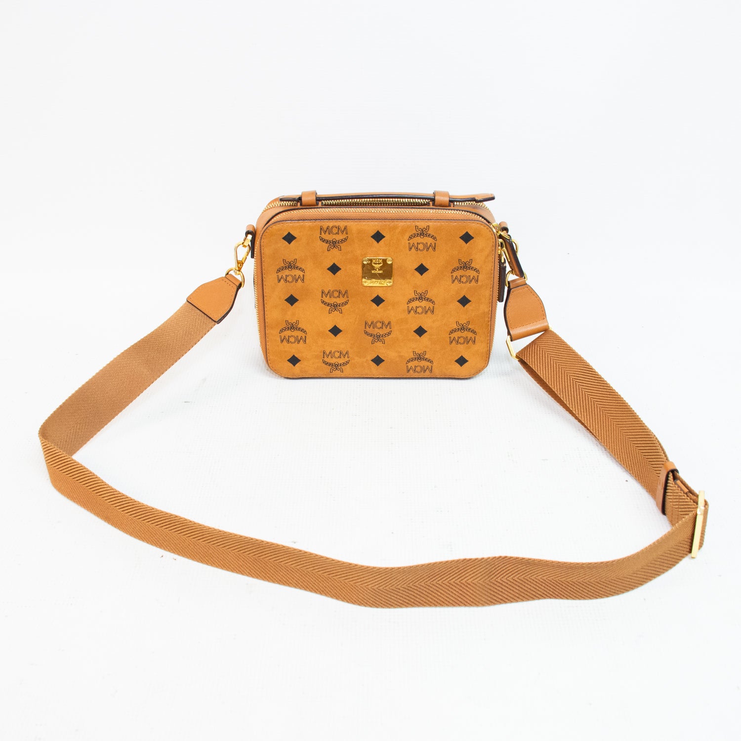 MCM Cognac Visetos Coated Leather Canvas Double Zip Camera Cross Body Bag