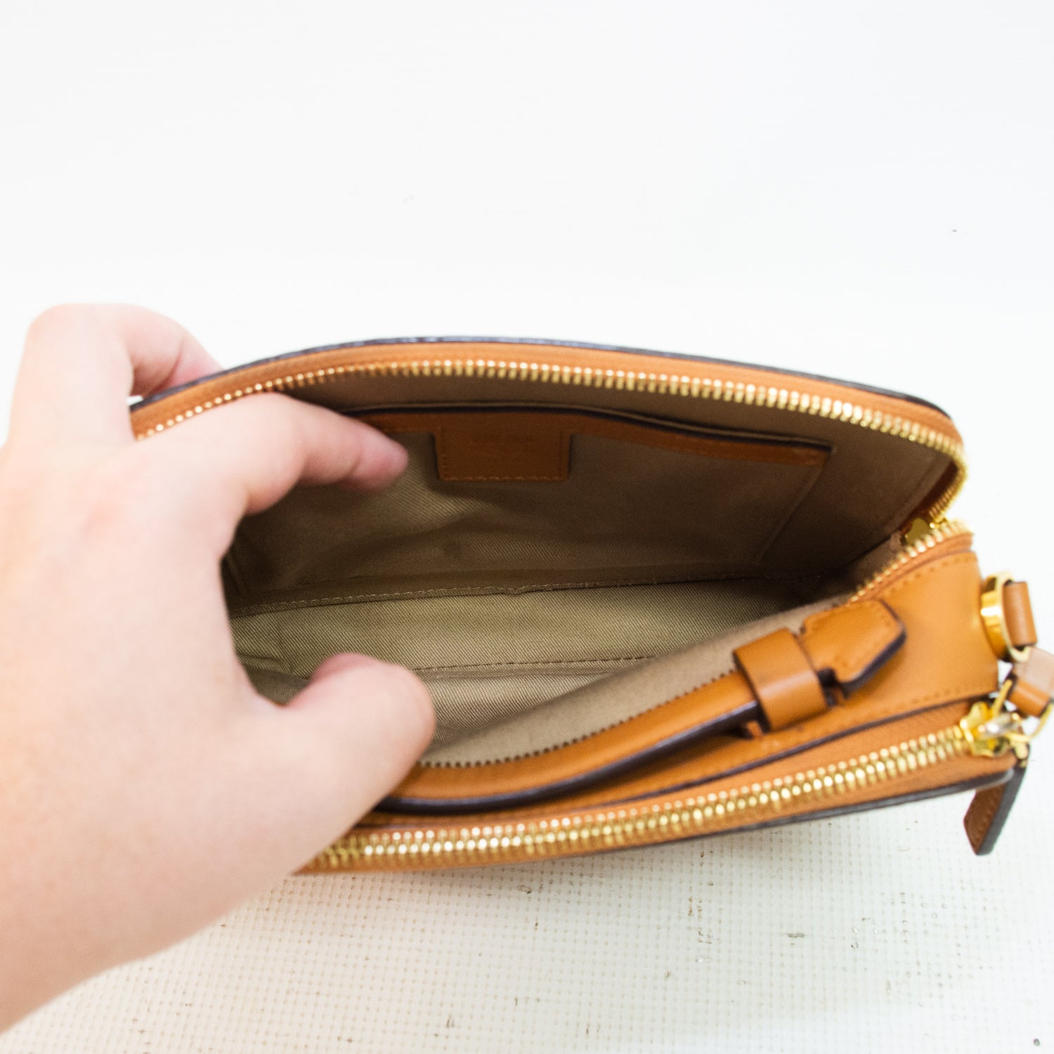 MCM Cognac Visetos Coated Leather Canvas Double Zip Camera Cross Body Bag