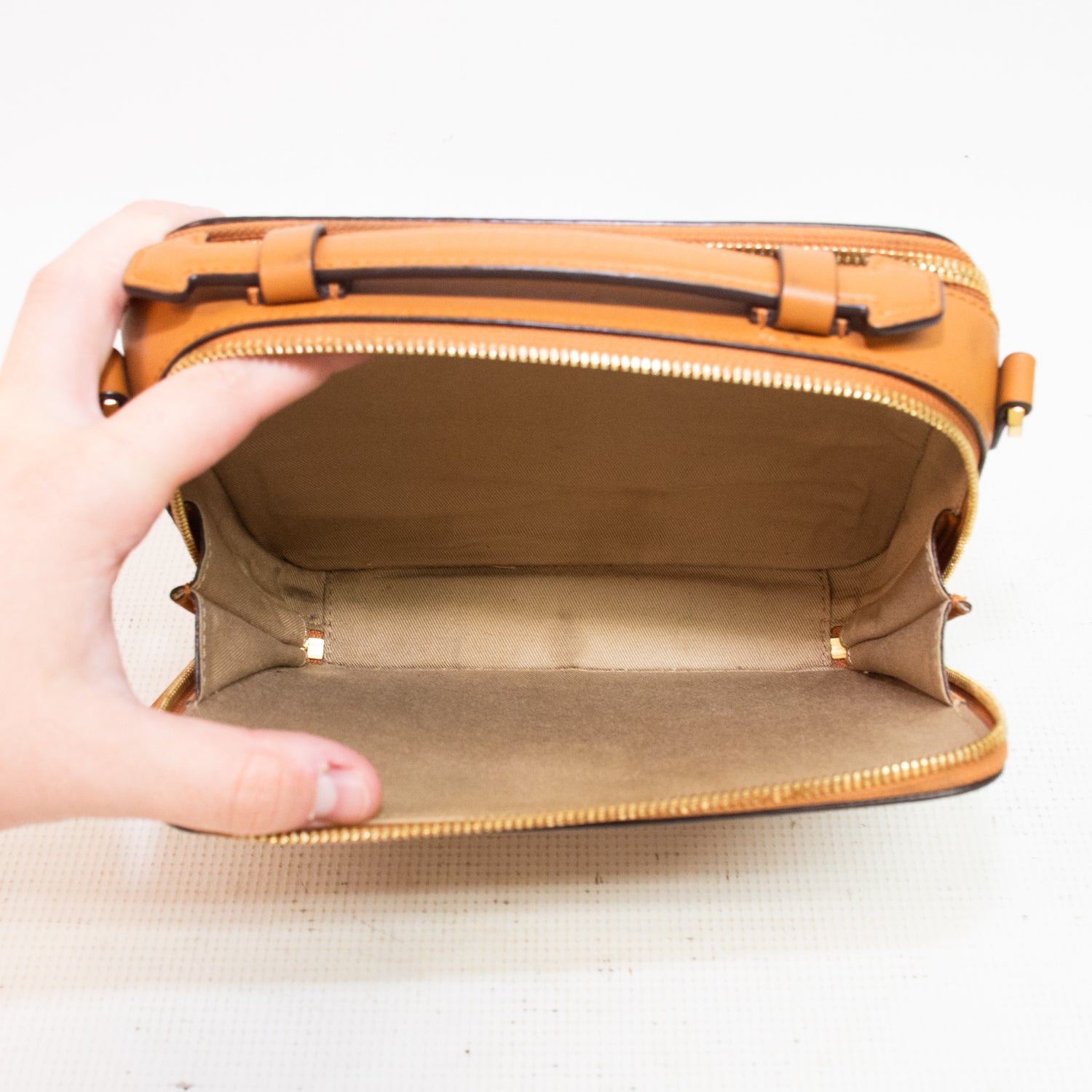 MCM Cognac Visetos Coated Leather Canvas Double Zip Camera Cross Body Bag