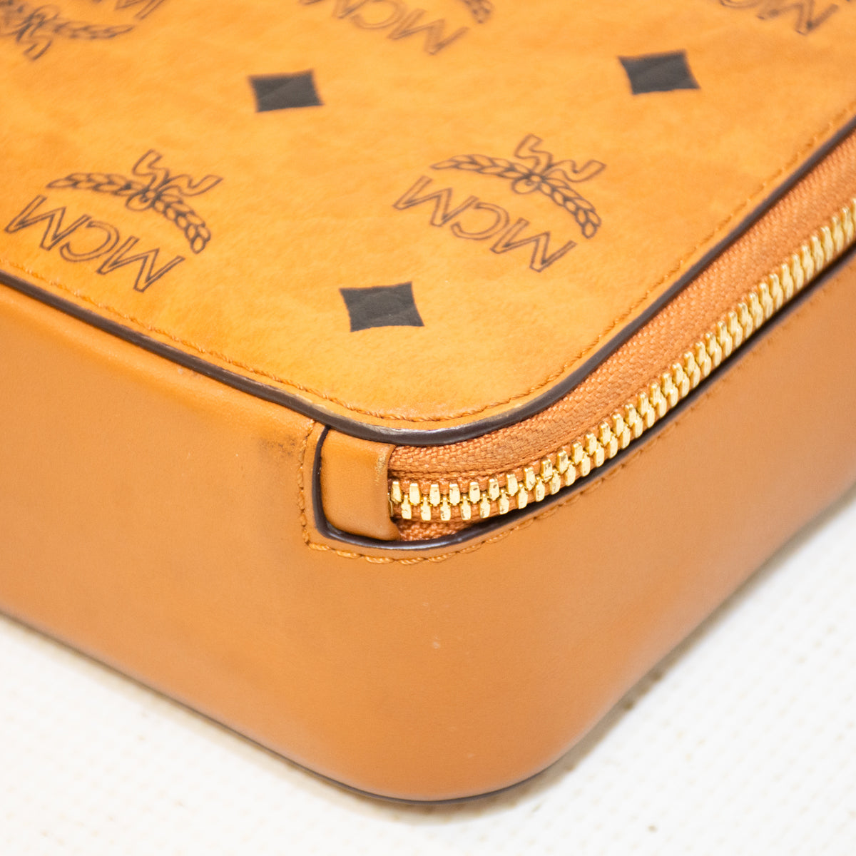 MCM Cognac Visetos Coated Leather Canvas Double Zip Camera Cross Body Bag