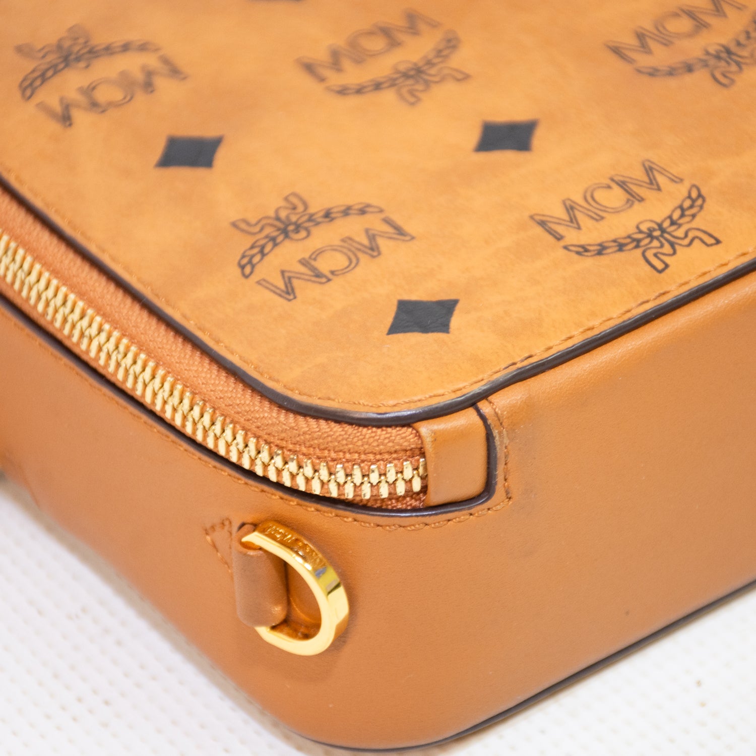 MCM Cognac Visetos Coated Leather Canvas Double Zip Camera Cross Body Bag