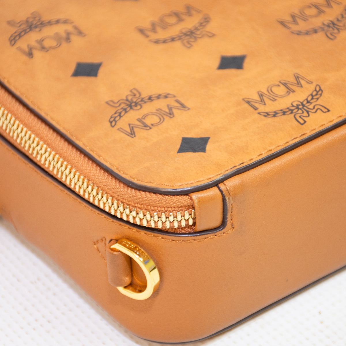 MCM Cognac Visetos Coated Leather Canvas Double Zip Camera Cross Body Bag