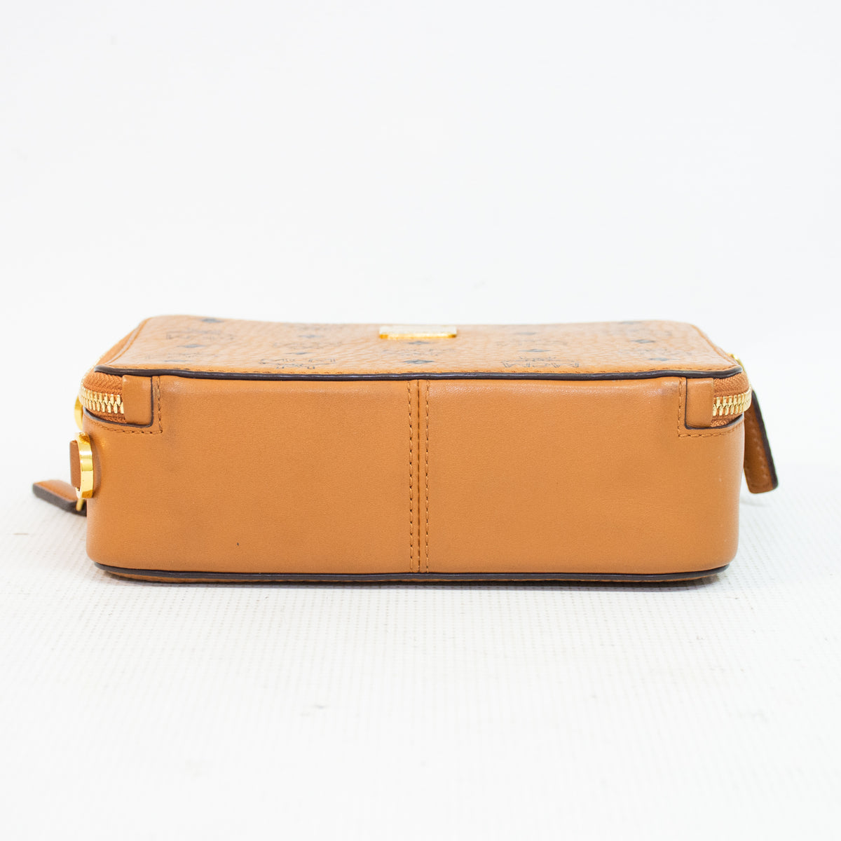 MCM Cognac Visetos Coated Leather Canvas Double Zip Camera Cross Body Bag