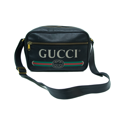 Gucci Crossbody Large Logo Web Print Black Leather Messenger Bag