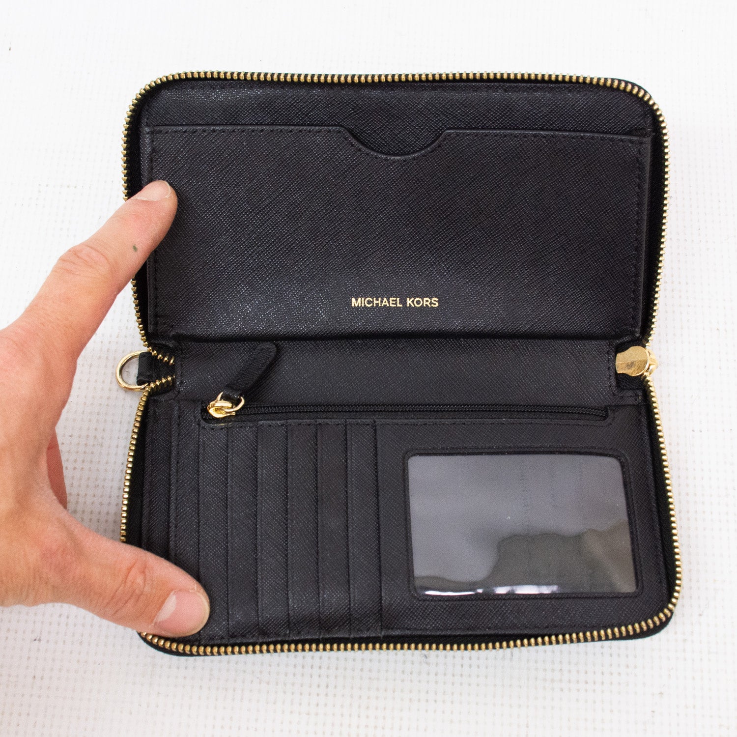 Michael Kors Large Black Saffiano Leather Continental Zip Around Cell Phone Wallet