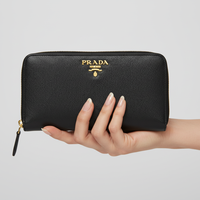 Prada Black Large Saffiano Zip Around Wallet