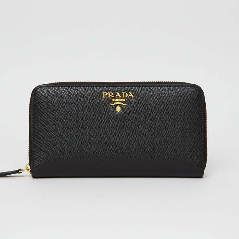 Prada Black Large Saffiano Zip Around Wallet