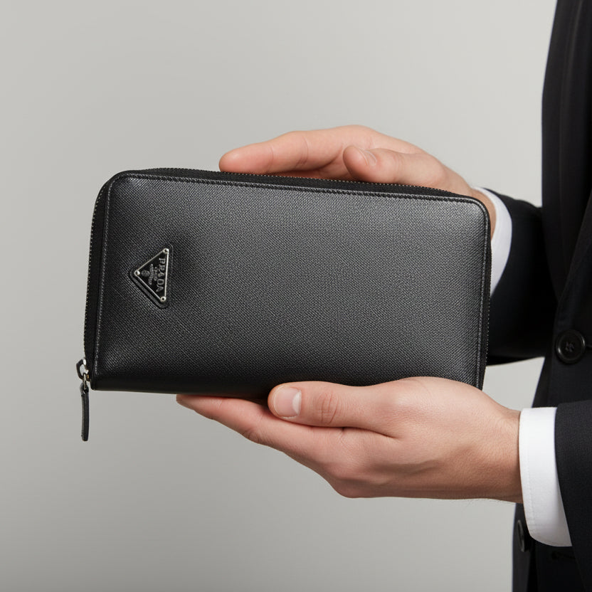 Prada Saffiano Leather Black Mens Zip Around Travel Wallet - 2N0724A