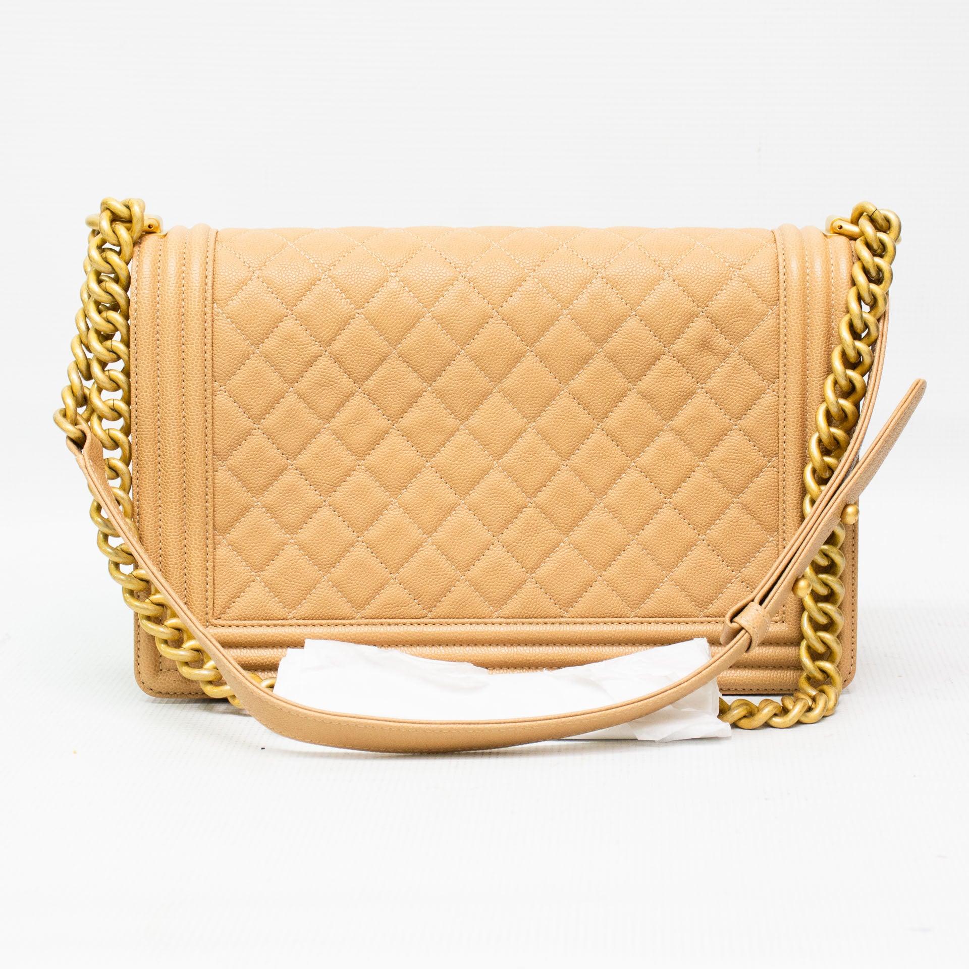 Chanel Beige Quilted Patent Leather Medium Boy Bag