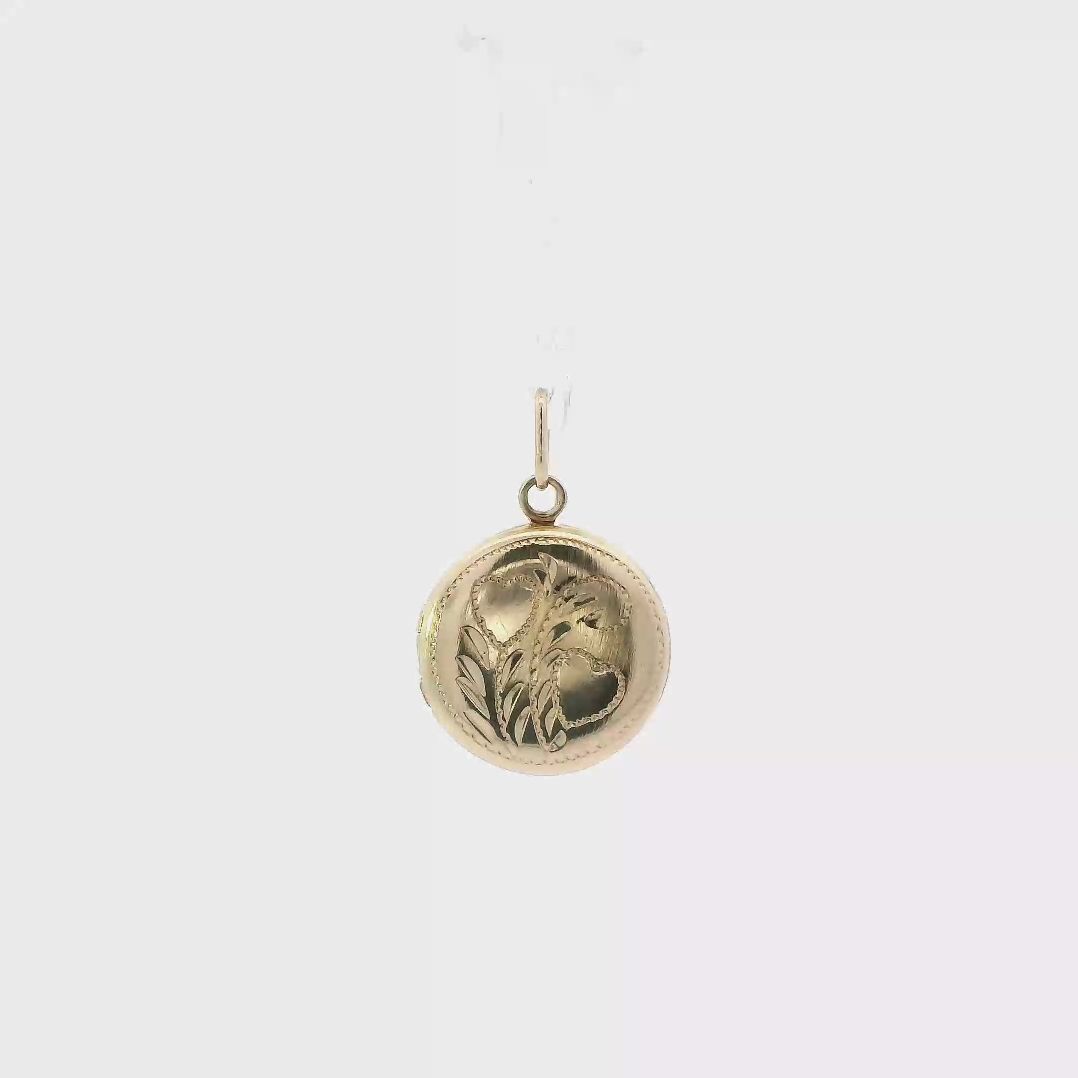 14K Yellow Gold Round Etched Hearts Locket