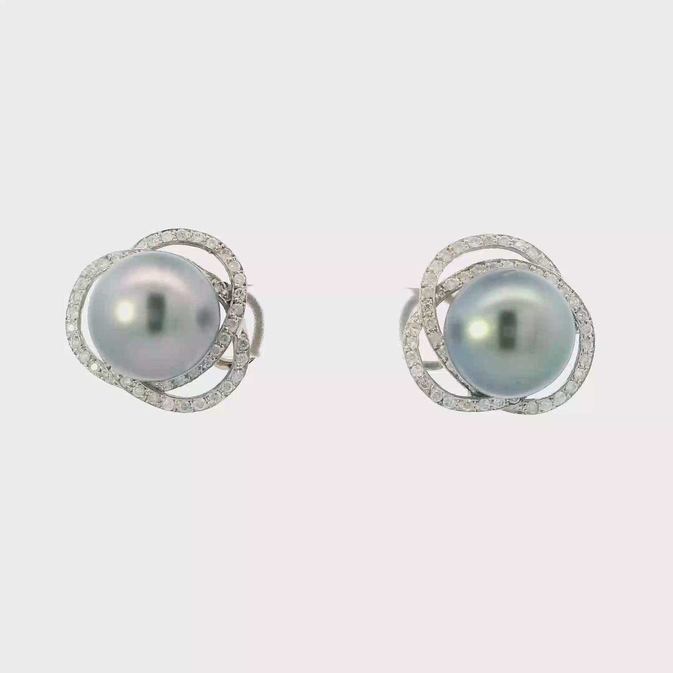 14K White Gold Tahitian Pearl & Diamond Stud Earrings - 0.88ct