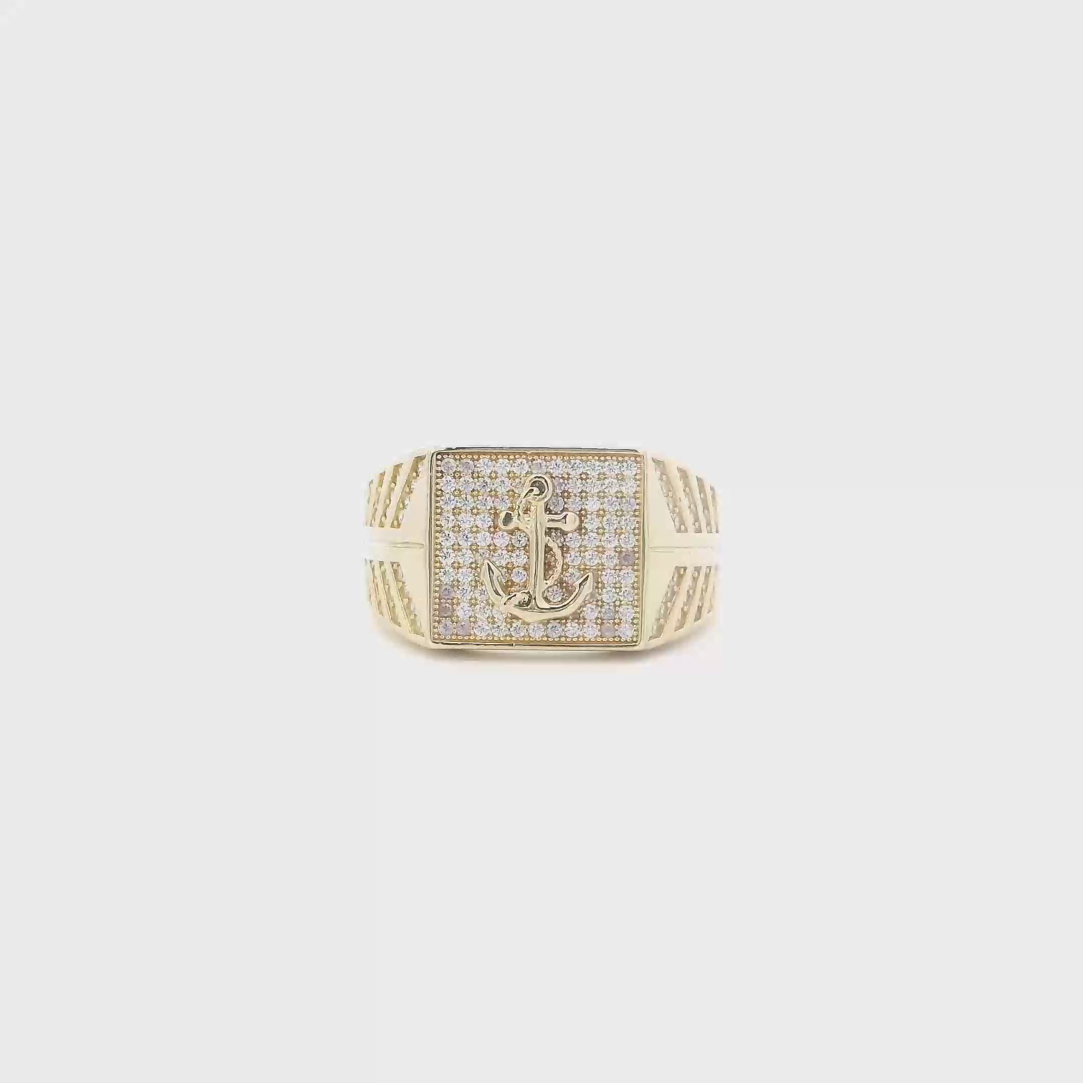 14K Yellow Gold CZ Pave Square Anchor Mens Ring