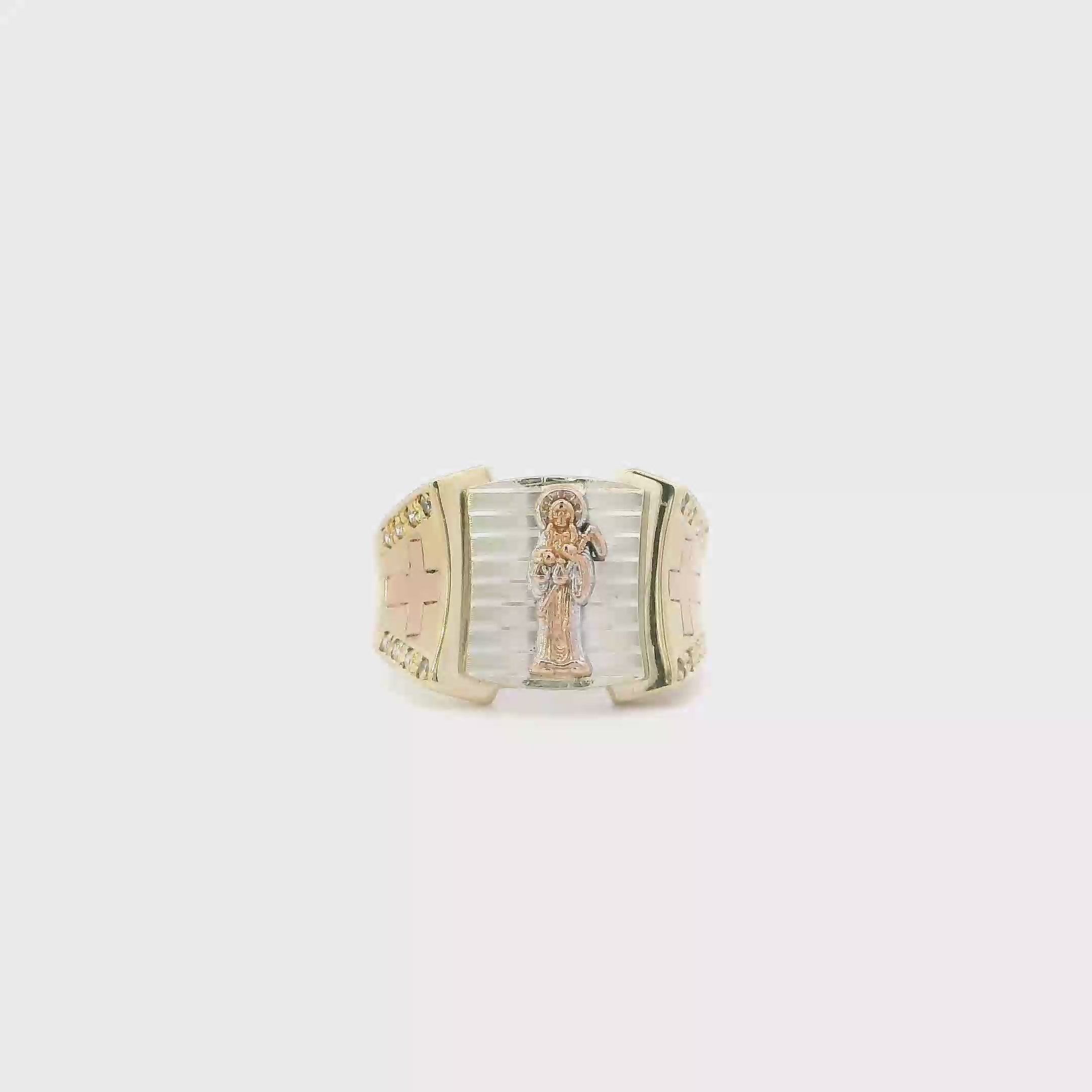 14K Tri Color Gold Santa Muerte & Crosses Mens Ring