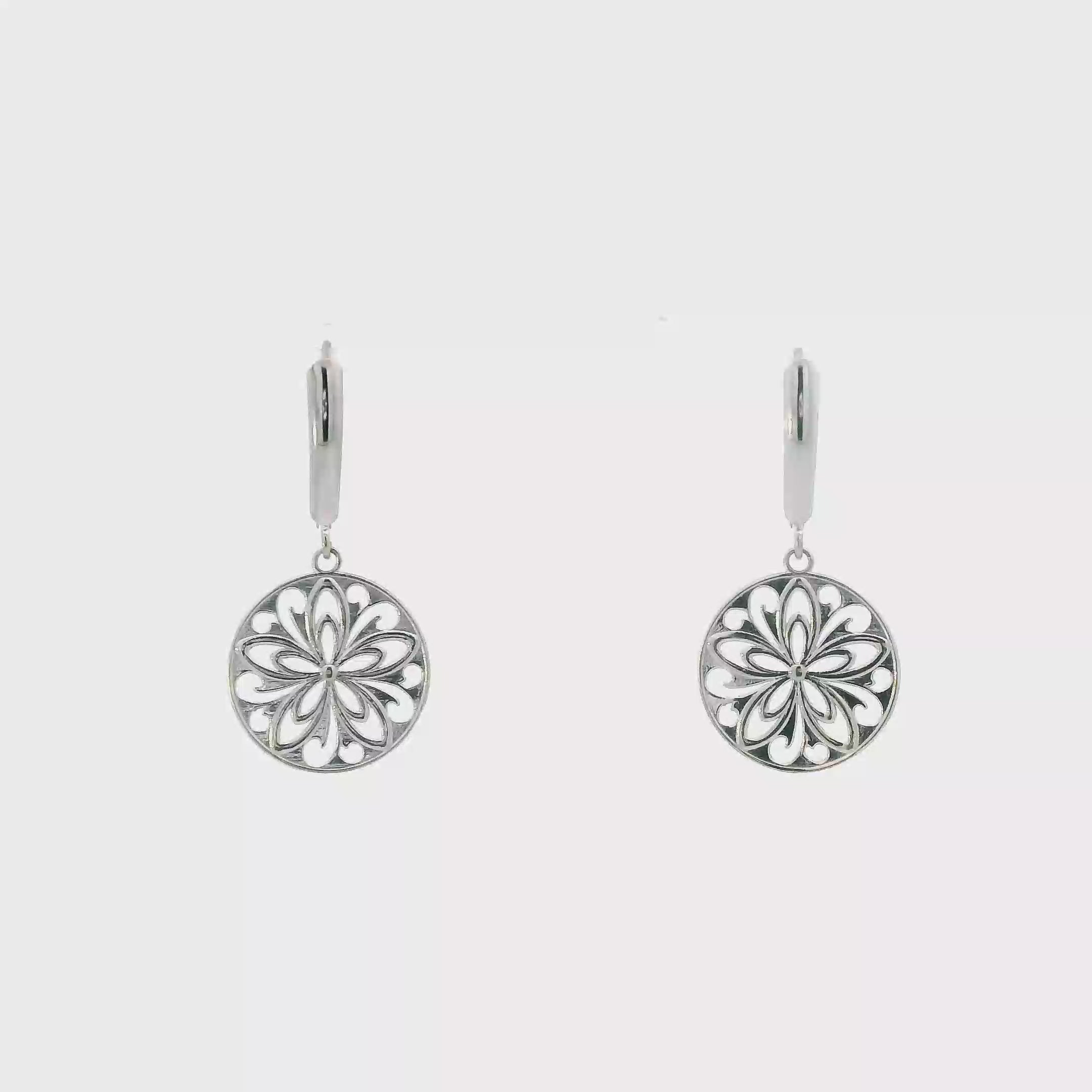14K White Gold Round Floral Dangle Earrings