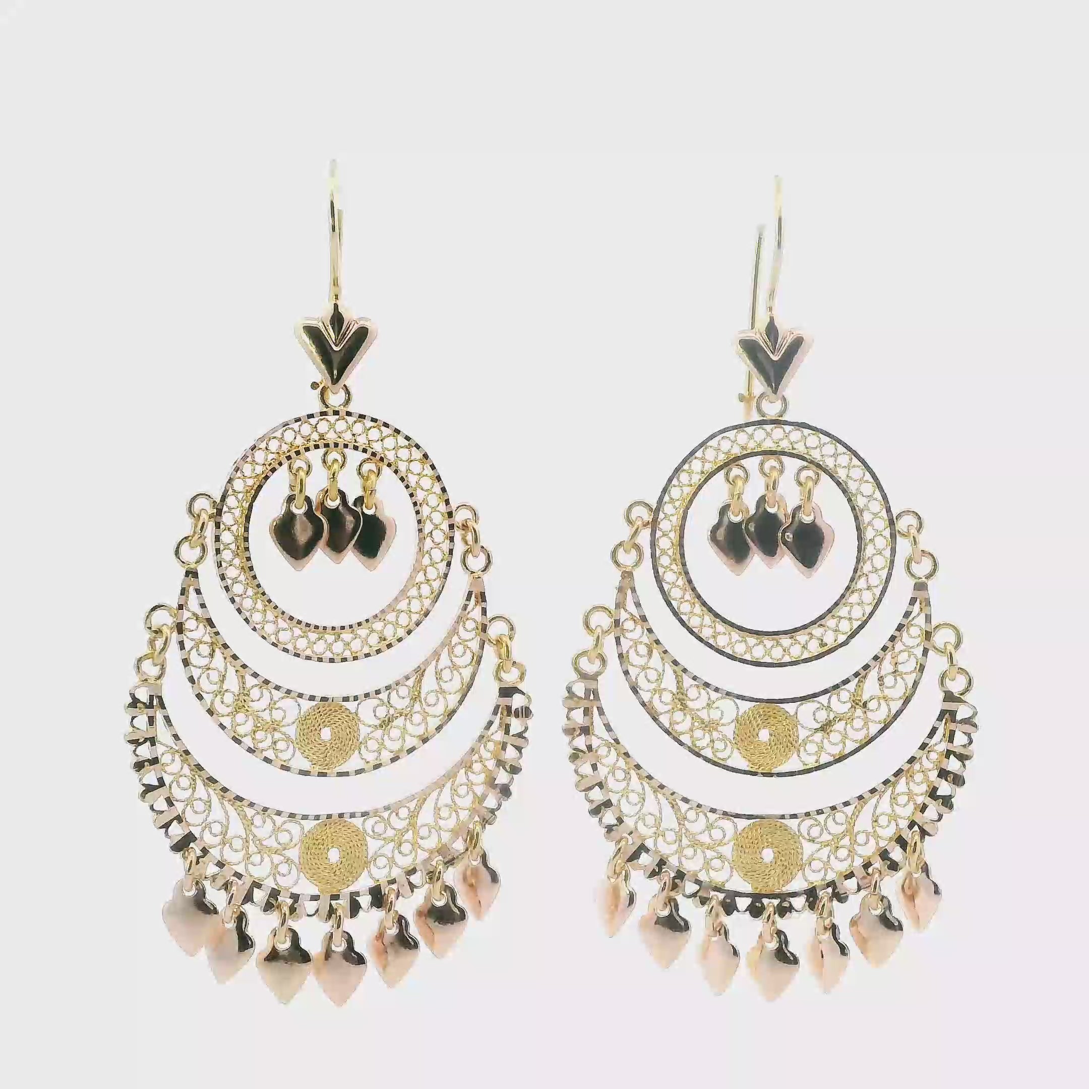 14K Yellow Gold Filigree Chandelier Dangle Hearts Earrings