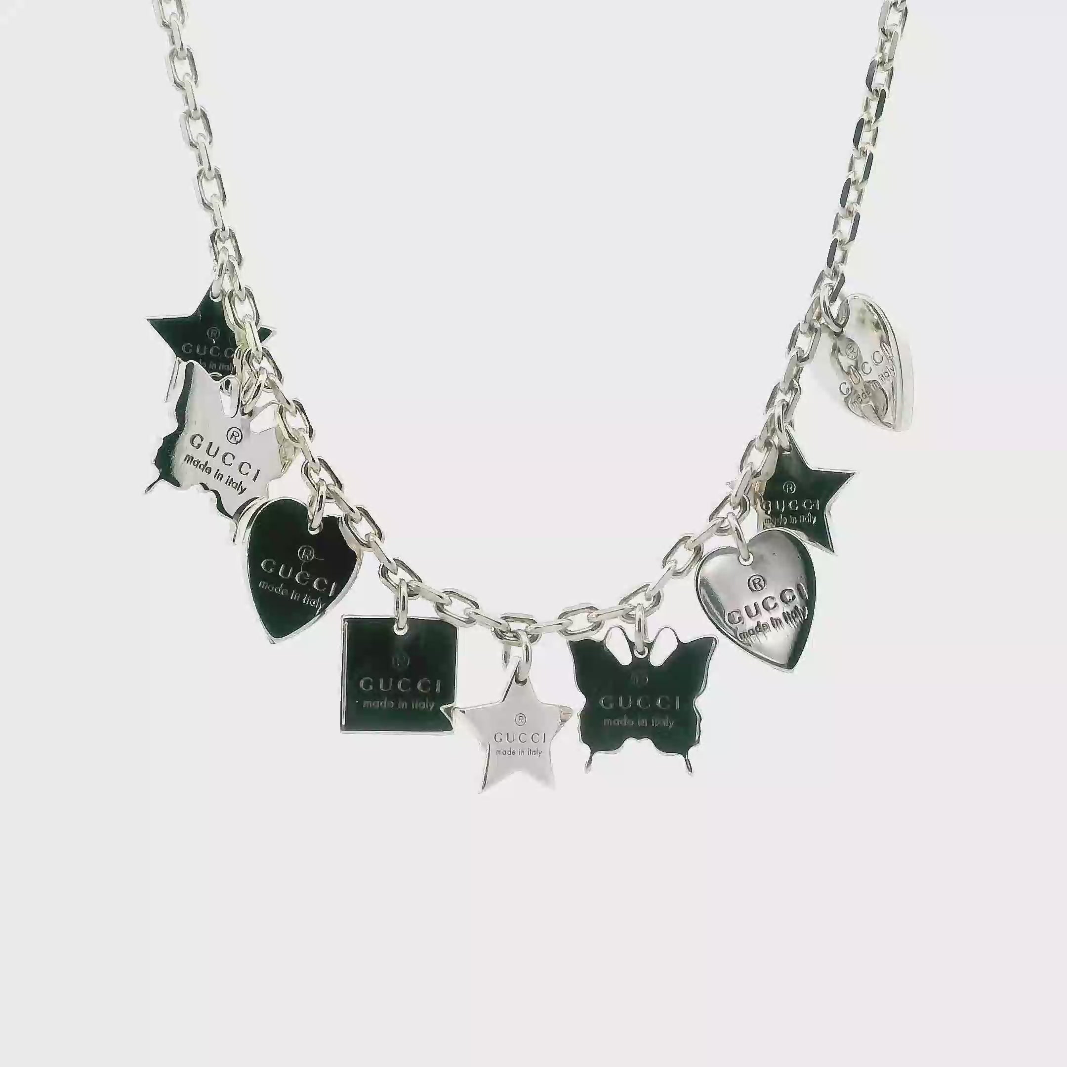Gucci Sterling Silver 17' Cable Link Stars, Butterflies, And Hearts Necklace With Original Box And Pouch