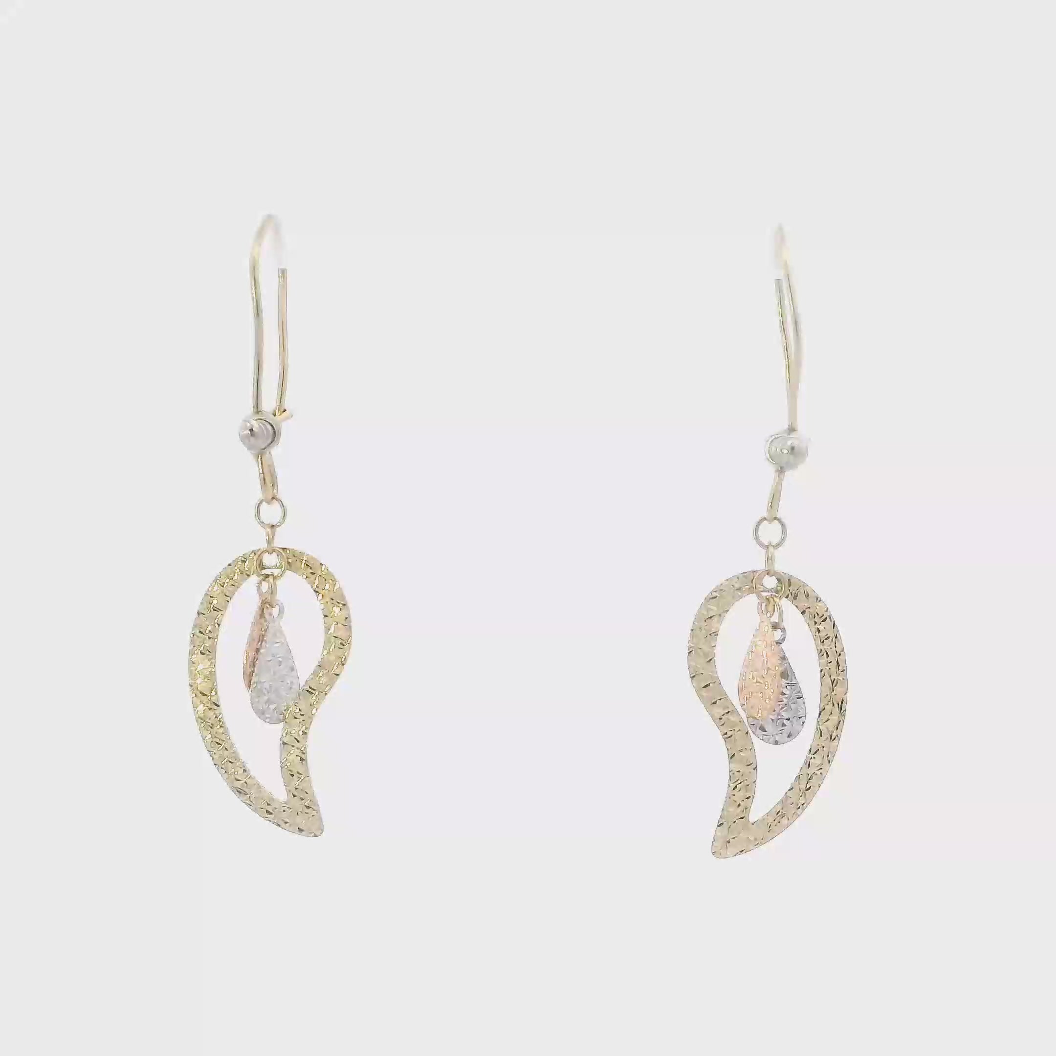 14K Tri Color Gold Triple Droplet Dangle Earrings