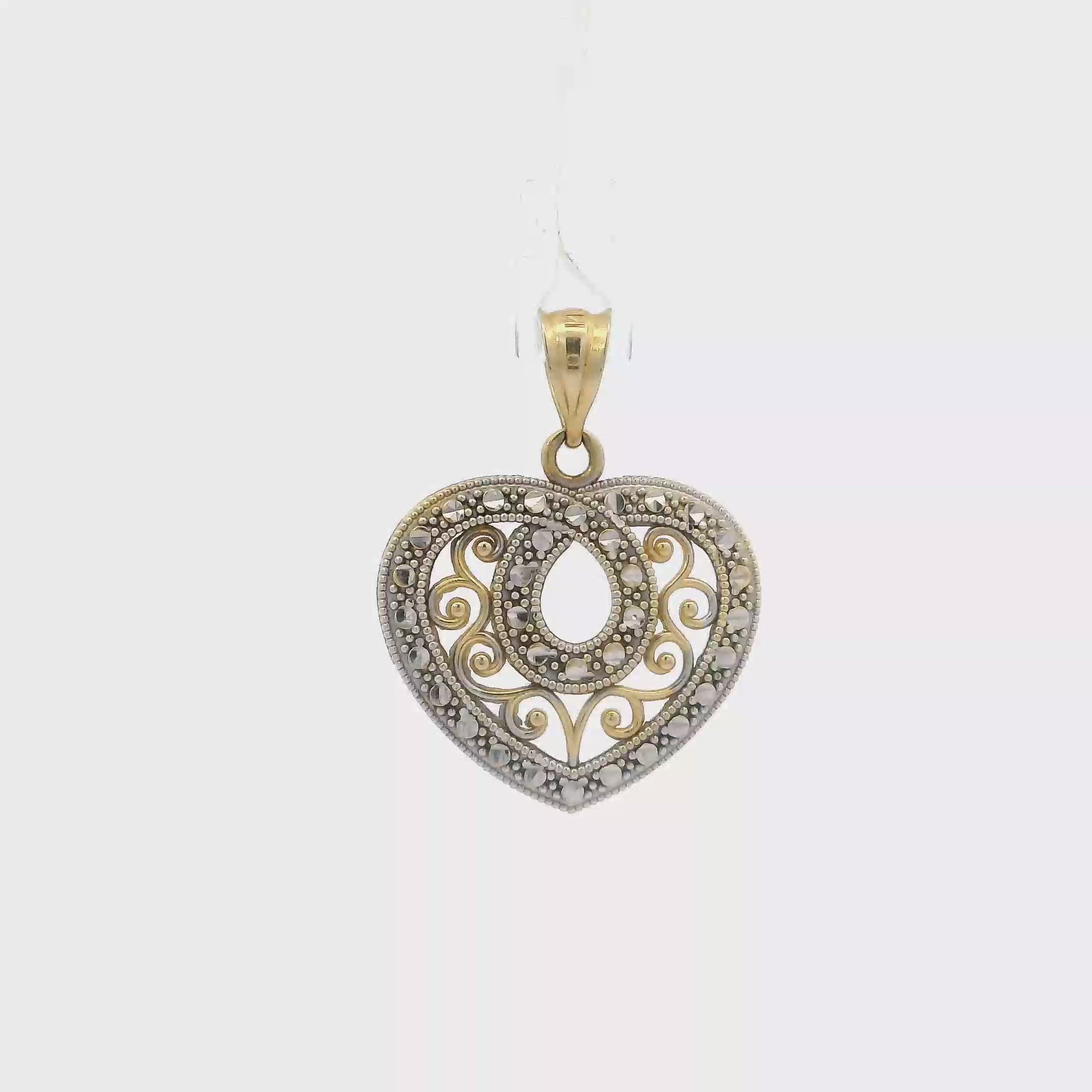 14K Yellow & White Gold Diamond Cut Filigree Heart Pendant