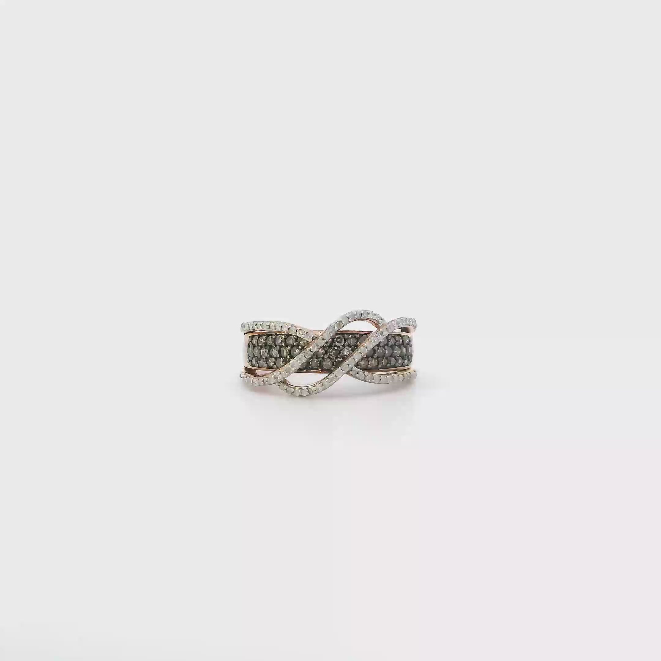 Silver Rose Tone Gold Chocolate Diamonds & Clear Diamond Cross Over Ring - 0.93ct