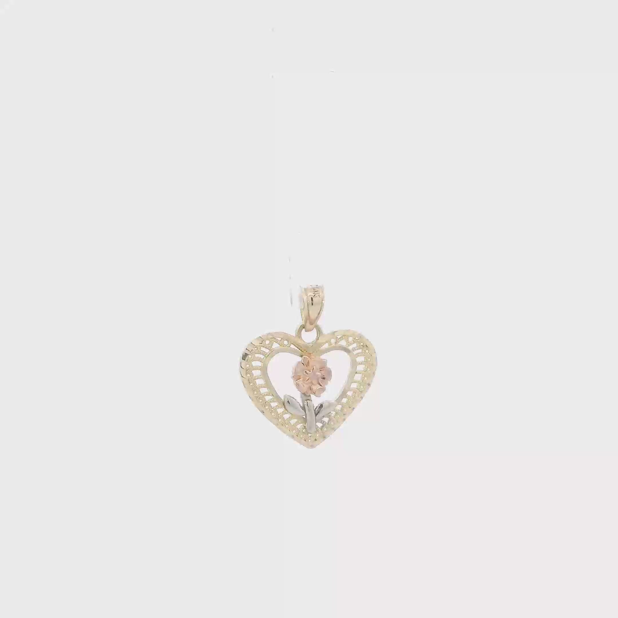 14K Tri Color Gold Rose & Heart Pendant