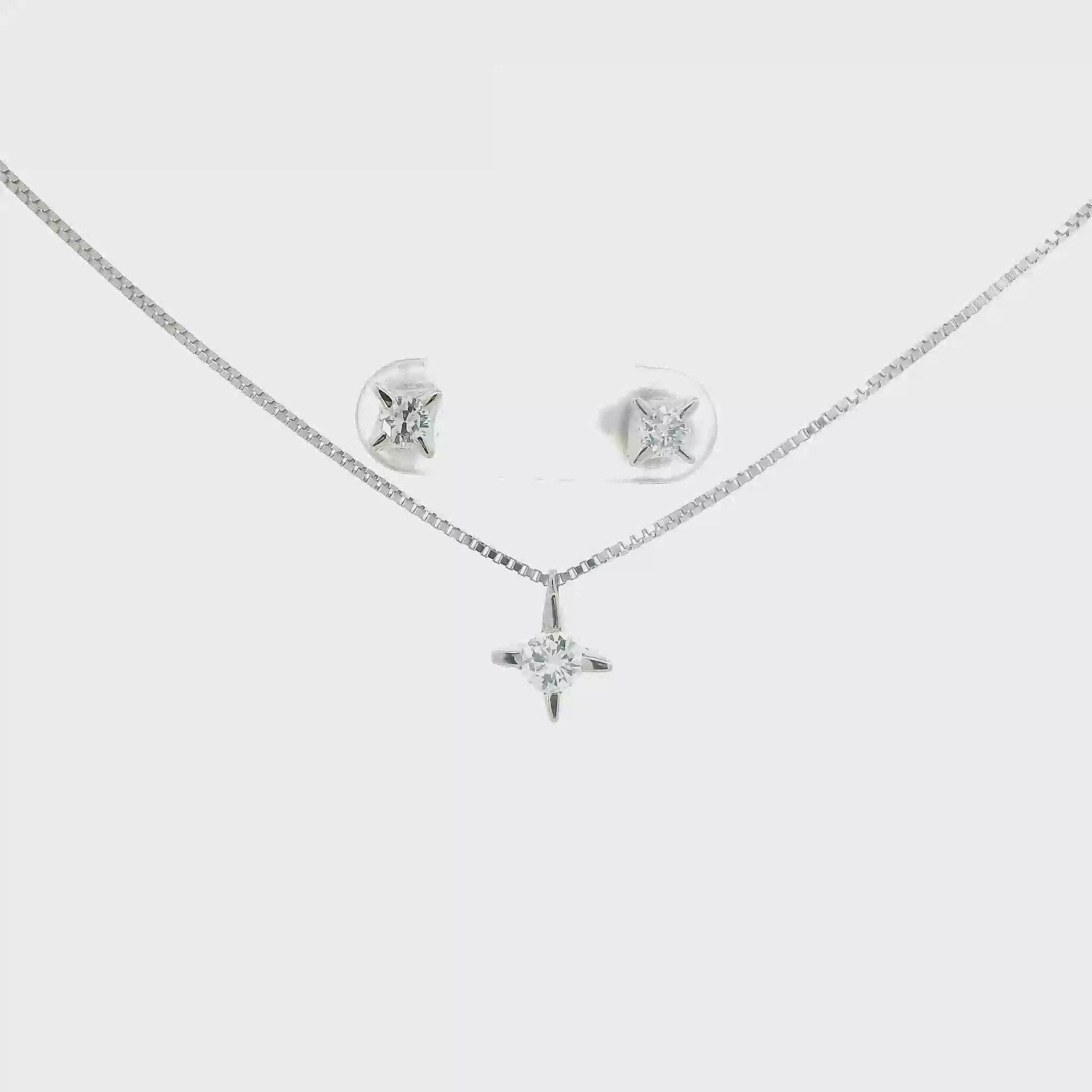 14K White Gold Solitaire Earrings & Pendant W/ 18