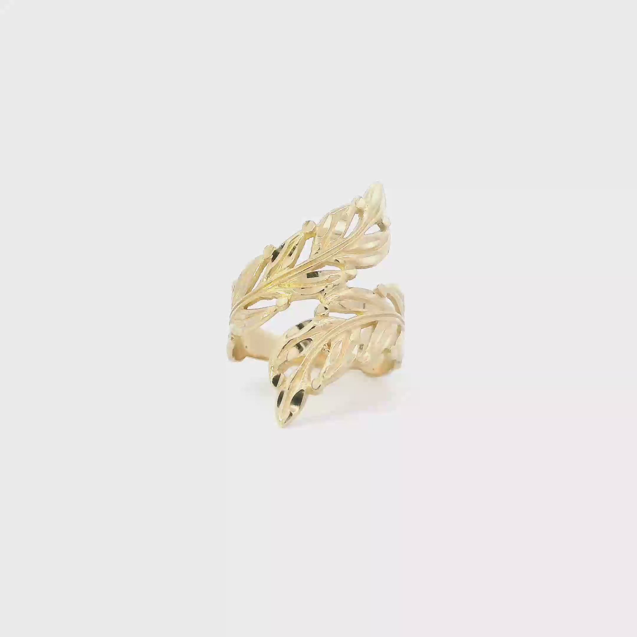 14K Yellow Diamond Cut Wrap Around Leaf Womens Ring