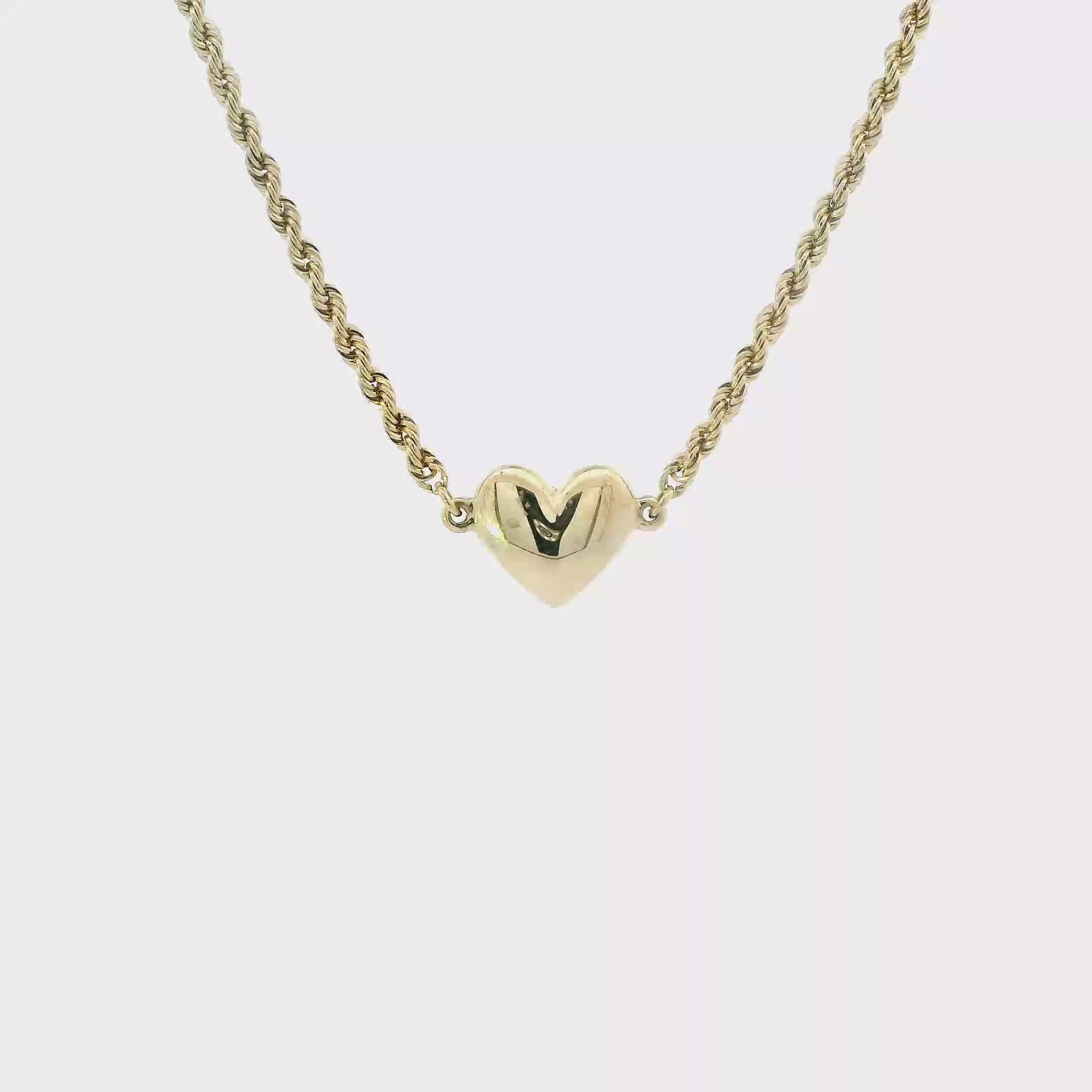 14K Yellow Gold Puff Heart Rope Link Necklace