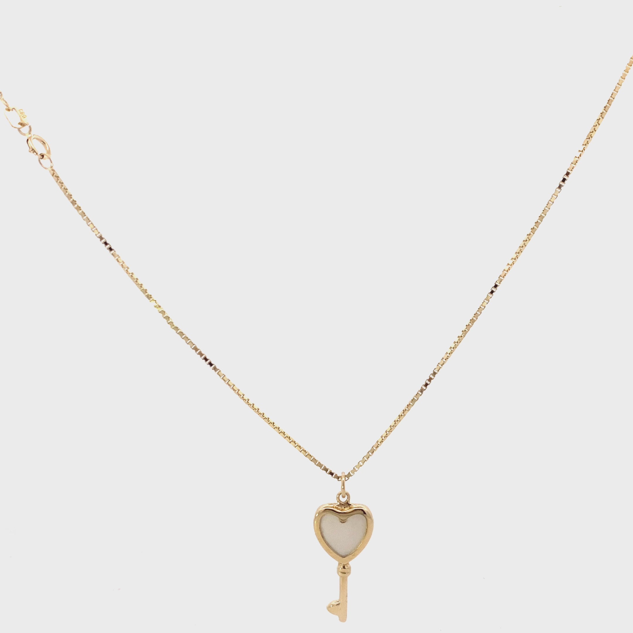 14K Yellow Gold Mother of Pearl Heart Key Necklace