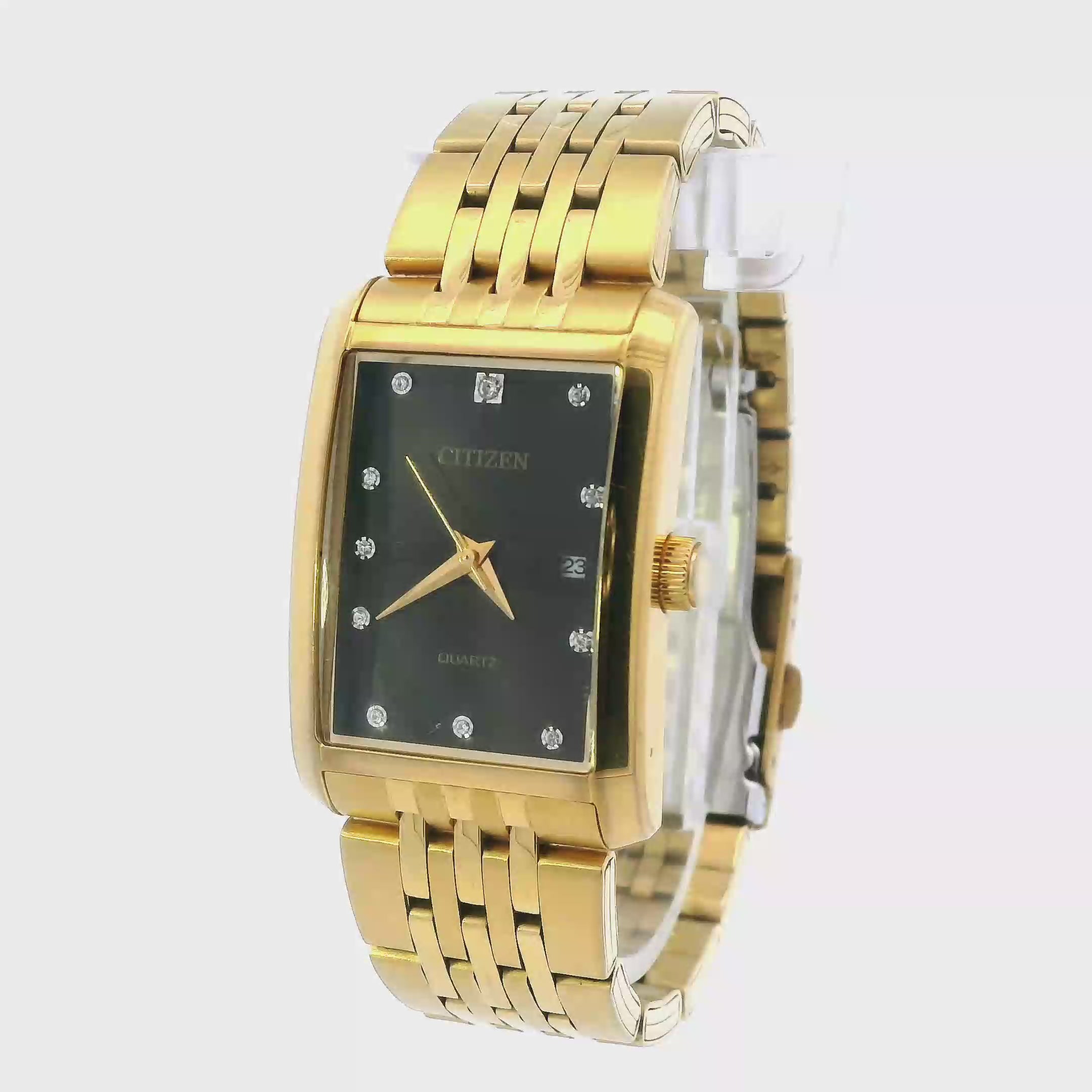 Citizen Men's Quartz Black Dial Gold Tone Steel Rectangle Wristwatch