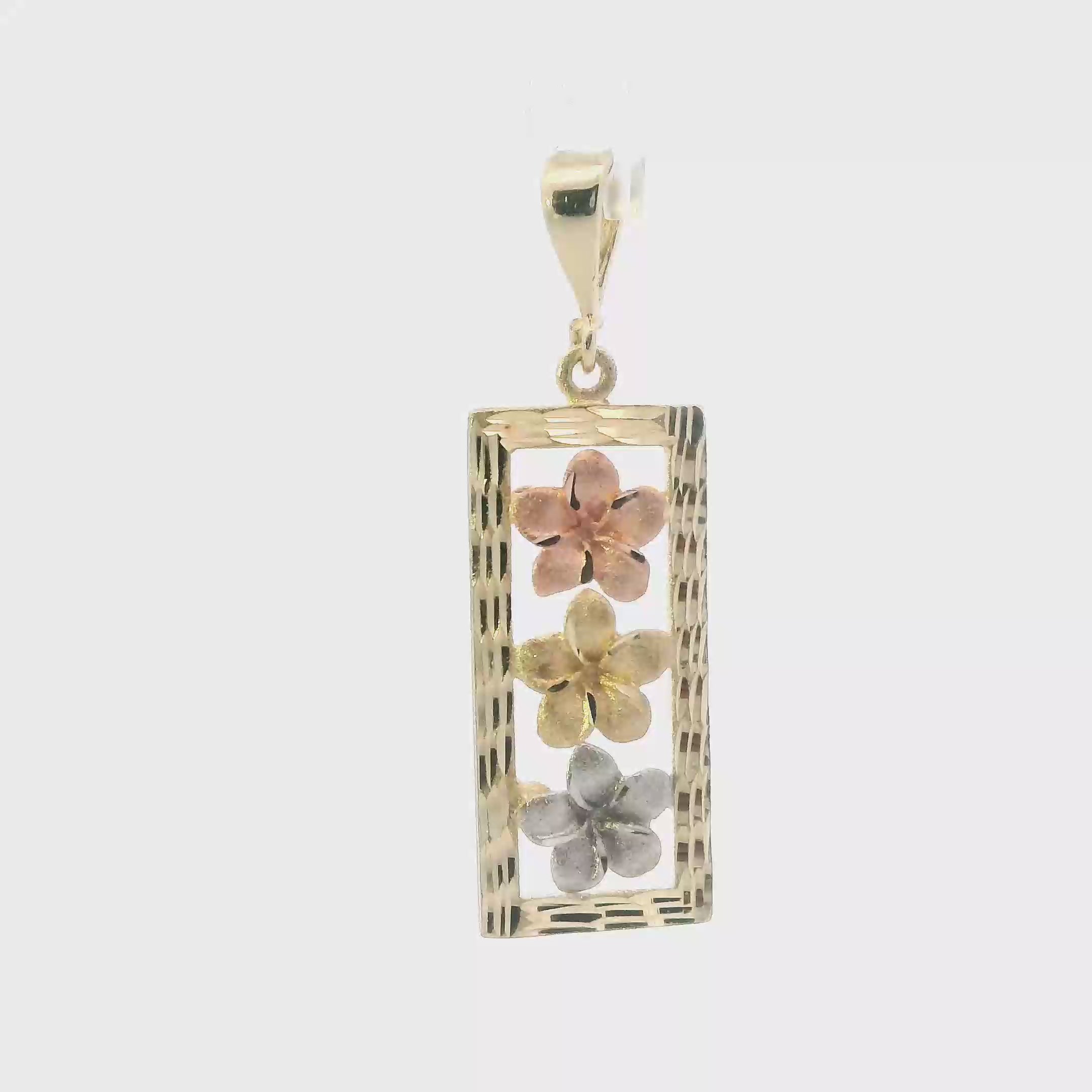 14K Tri Color Plumeria Flower Rectangle Pendant