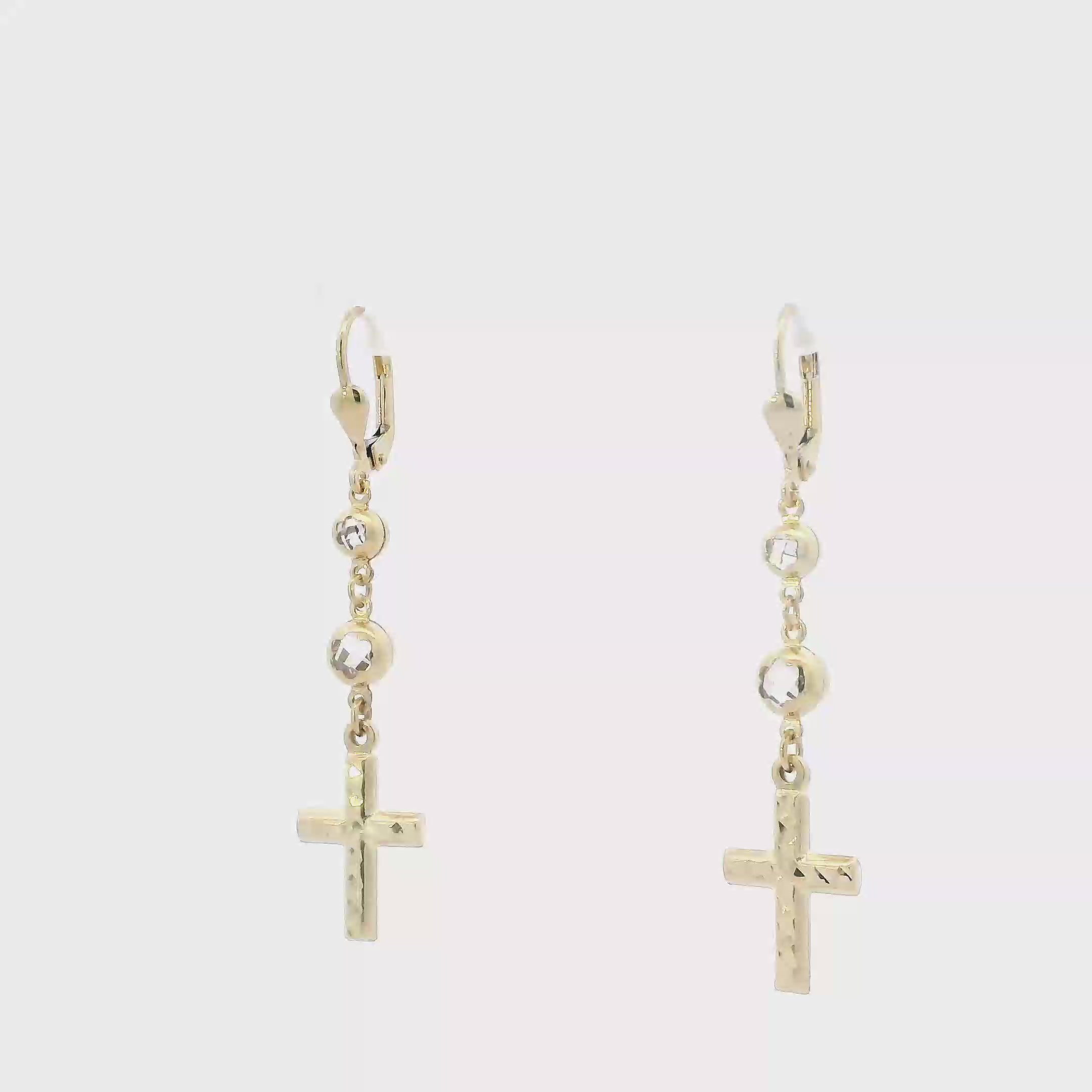 14K Yellow Gold Cz Dangle Cross Lever Back Earrings