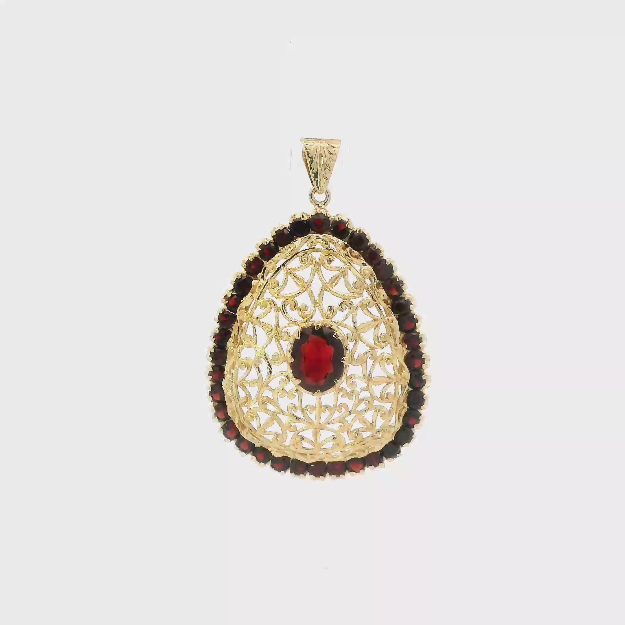 18K Yellow Gold Garnet Filigree Pear Pendant
