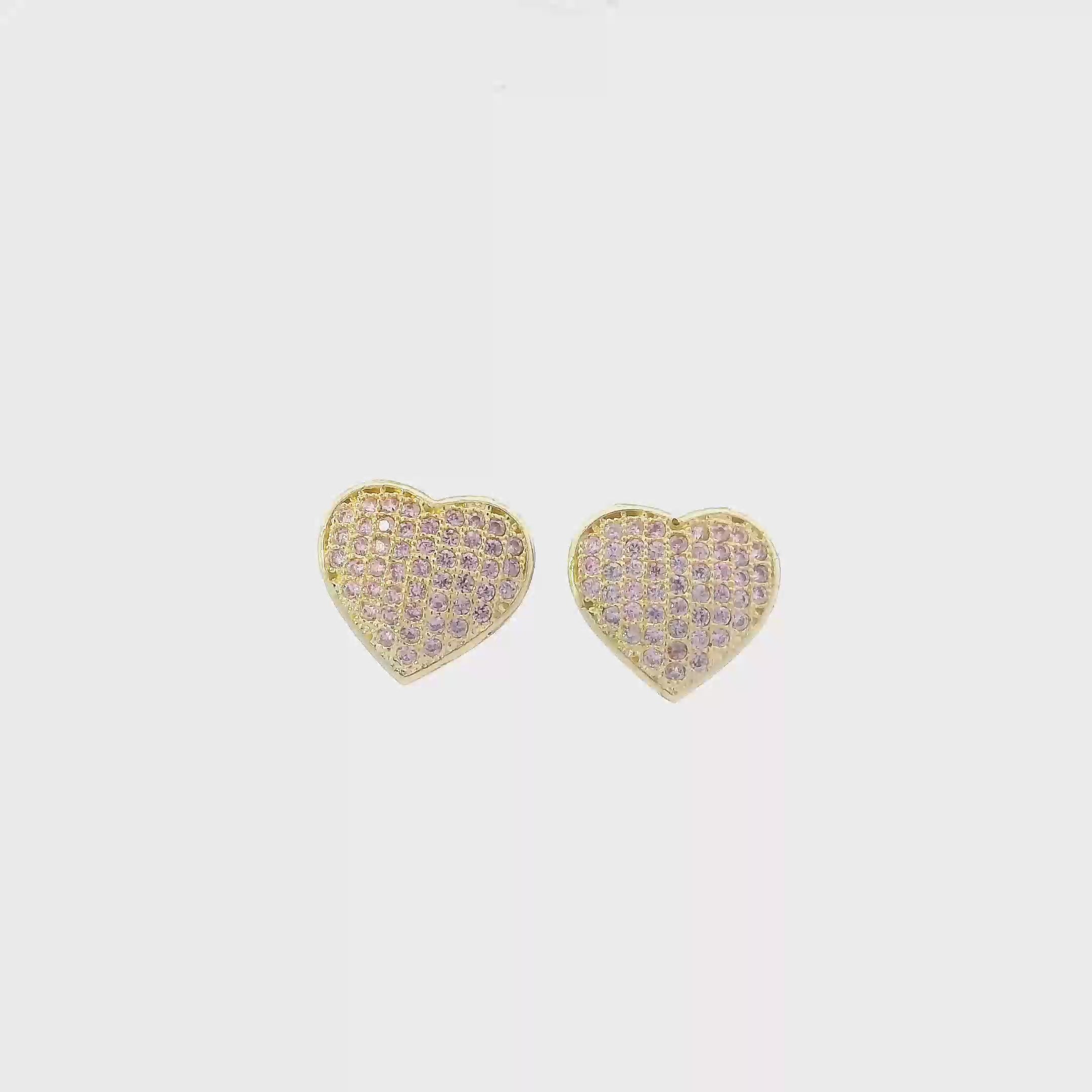 10K Yellow Gold Pink Pave Cubic Zirconia Heart Stud Earrings