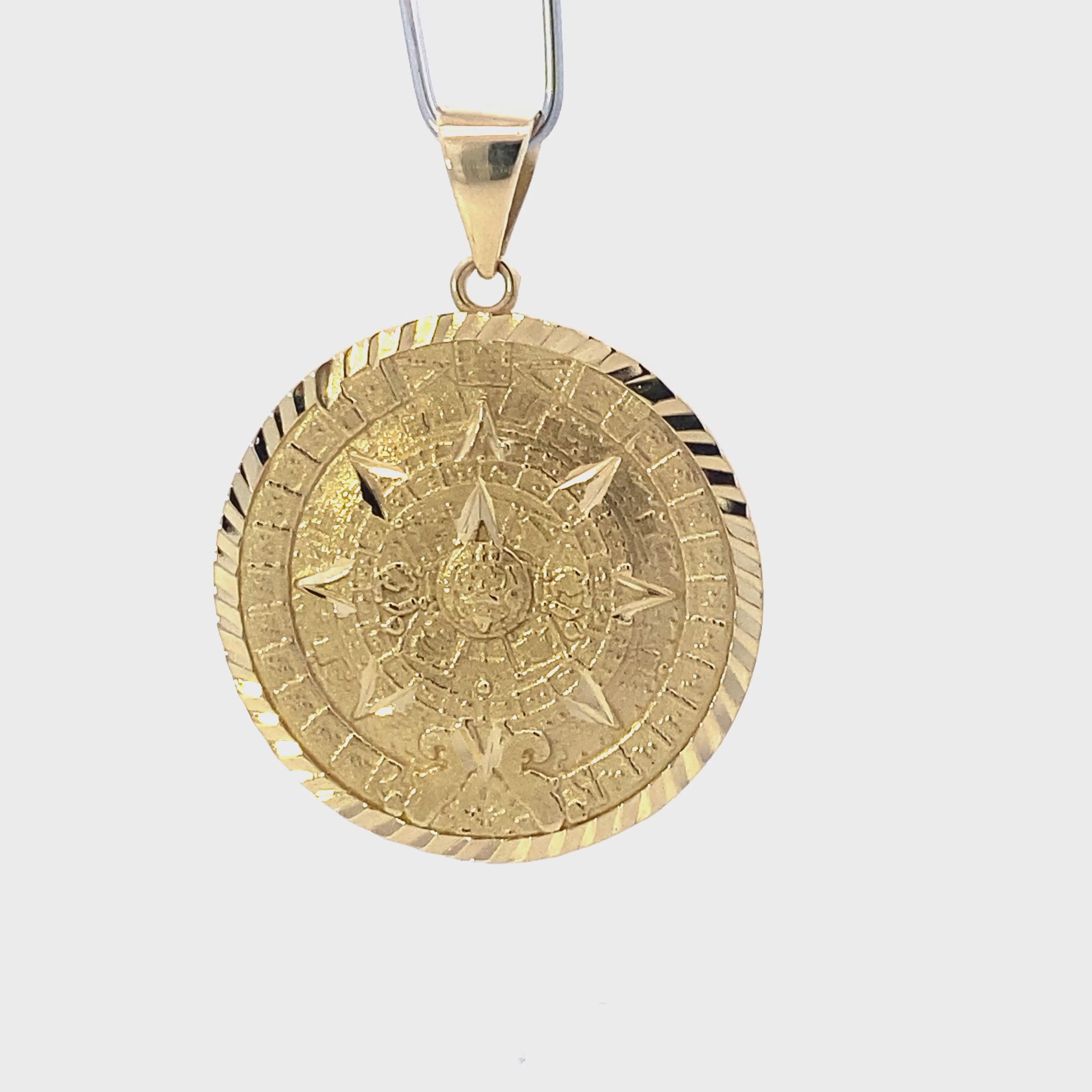 14K Yellow Gold Aztec Mayan Sun Calendar Pendant