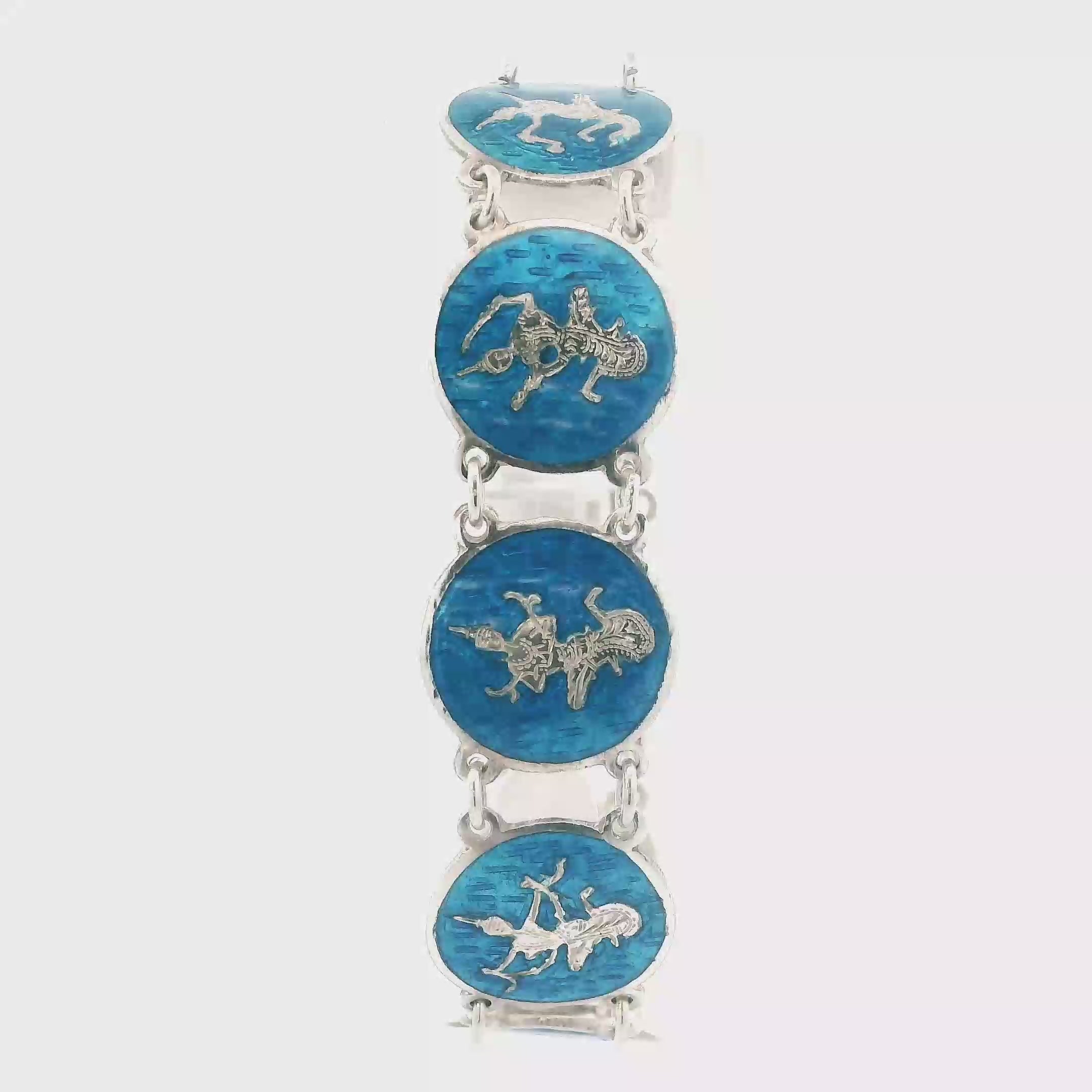 Sterling Silver Blue Enamel Niello Dancer Link Bracelet