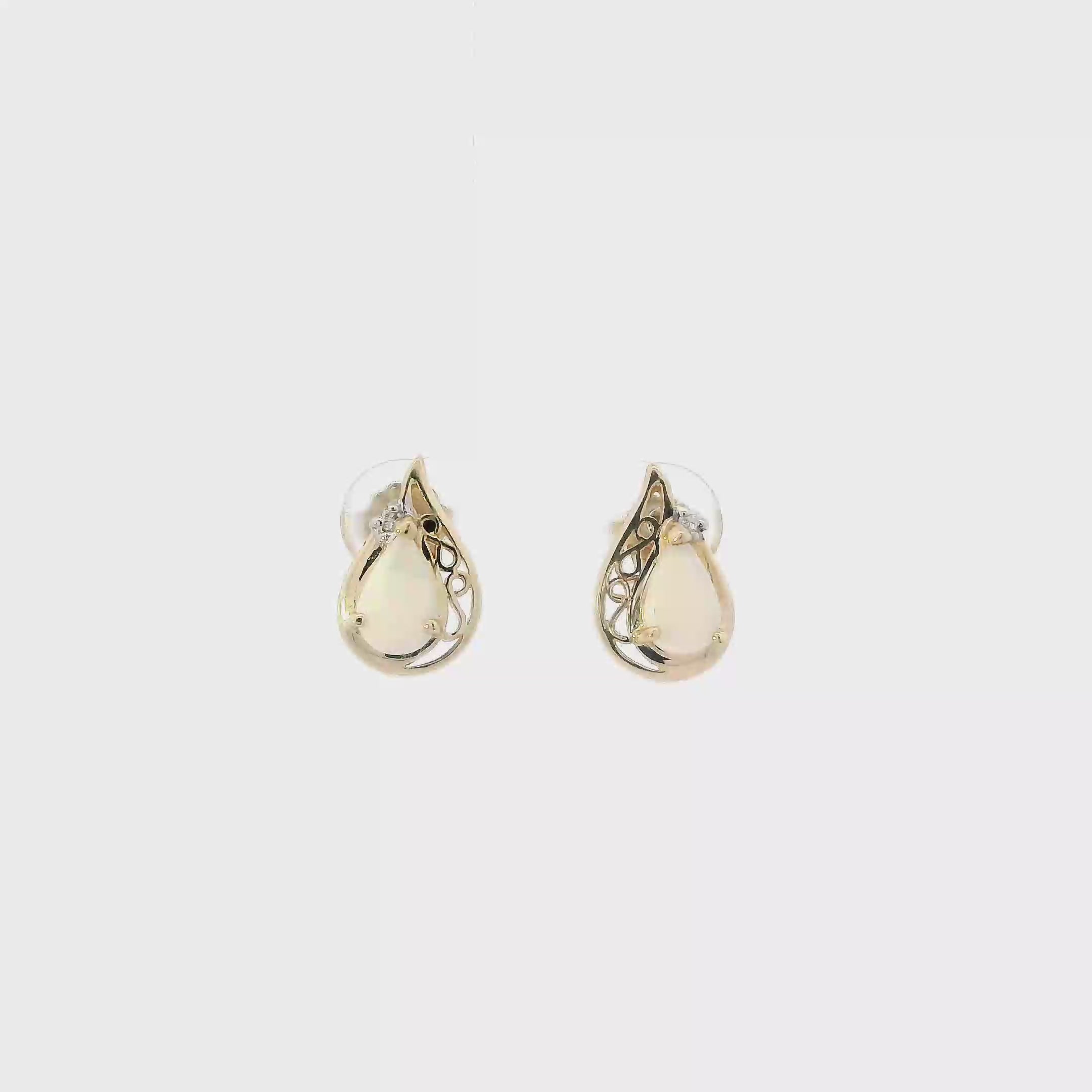 14K Yellow Gold Pear Opal & Diamond Earrings - 0.02ct