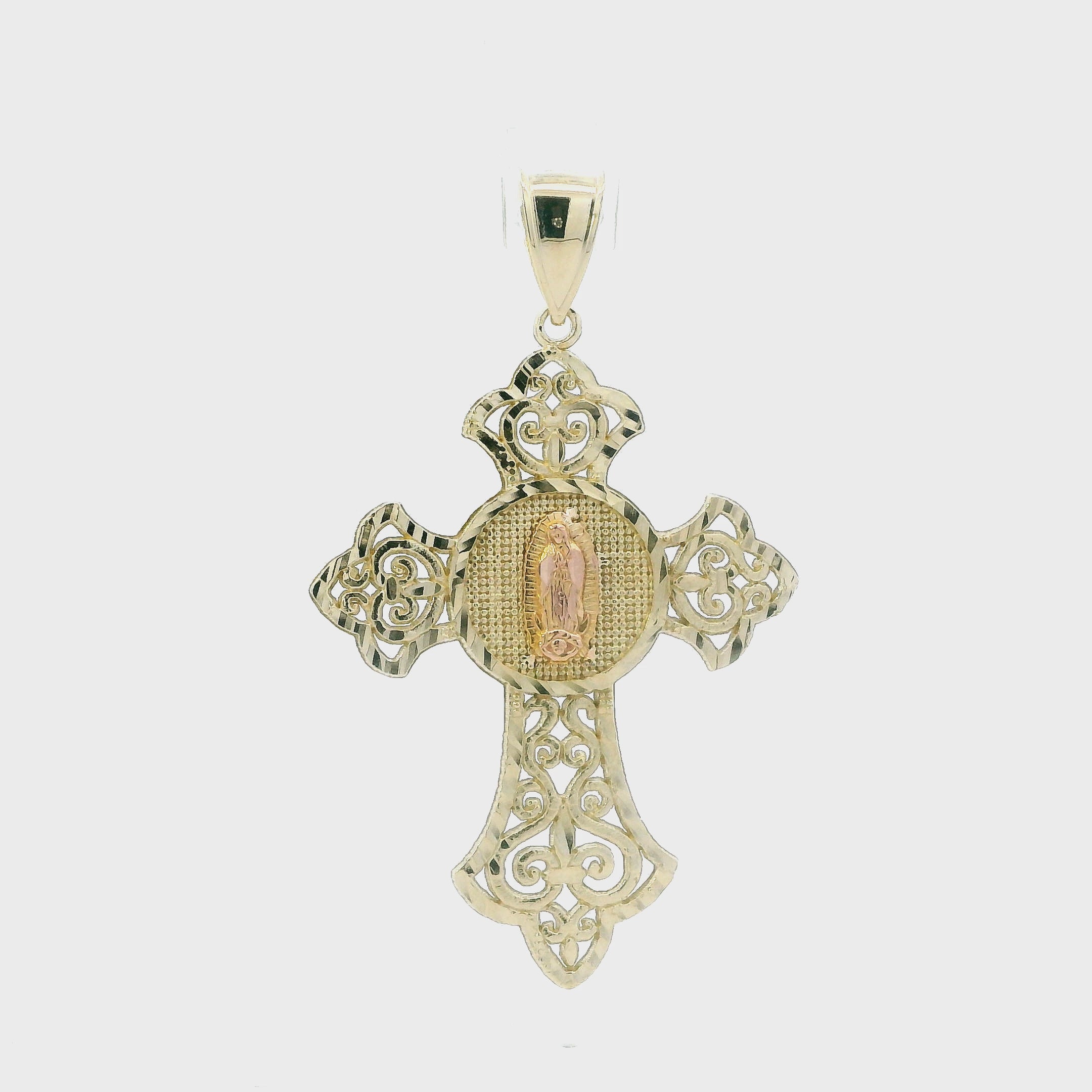 10K Yellow Gold Filigree Virgin Mary Cross Pendant