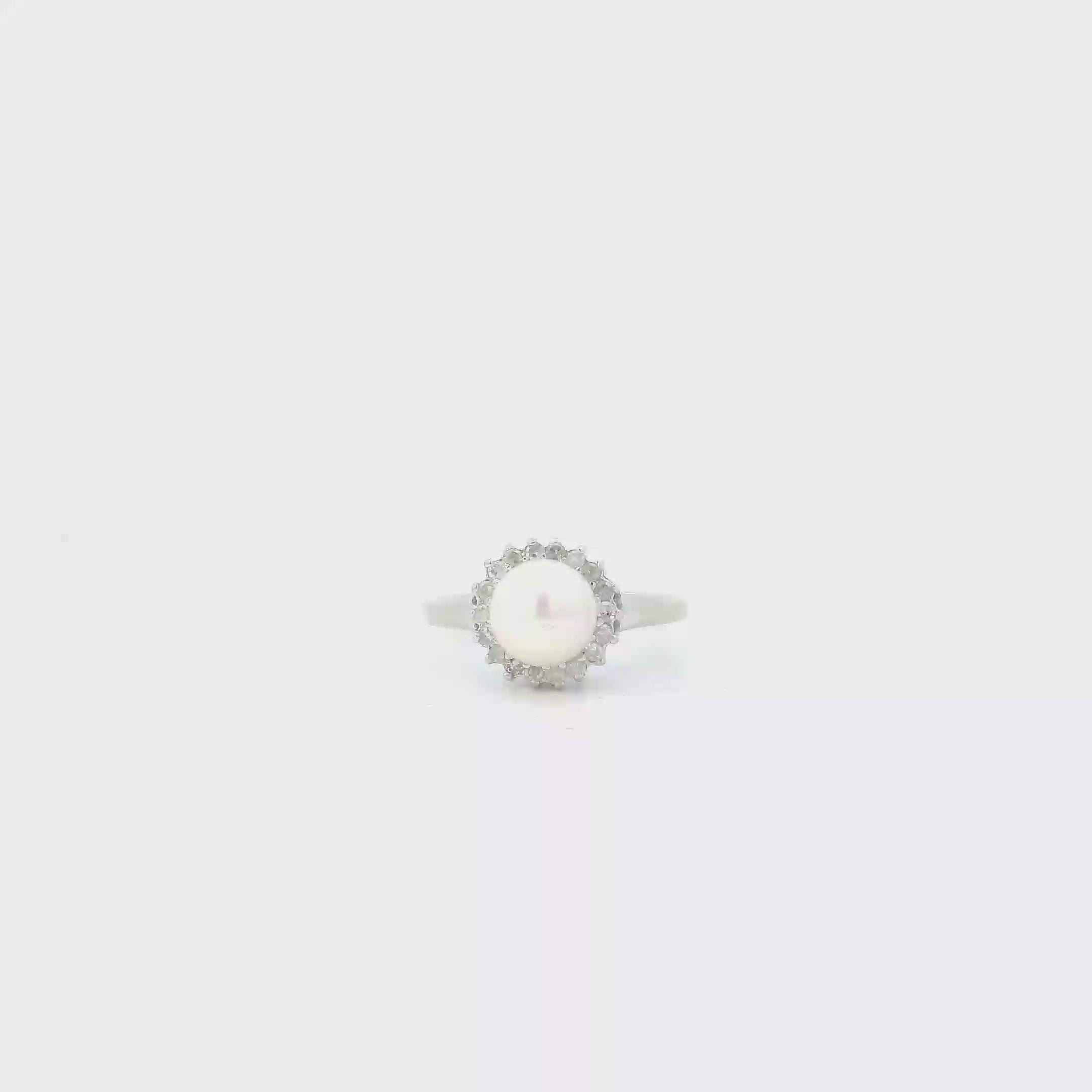 14K White Gold Pearl Halo Womens Ring