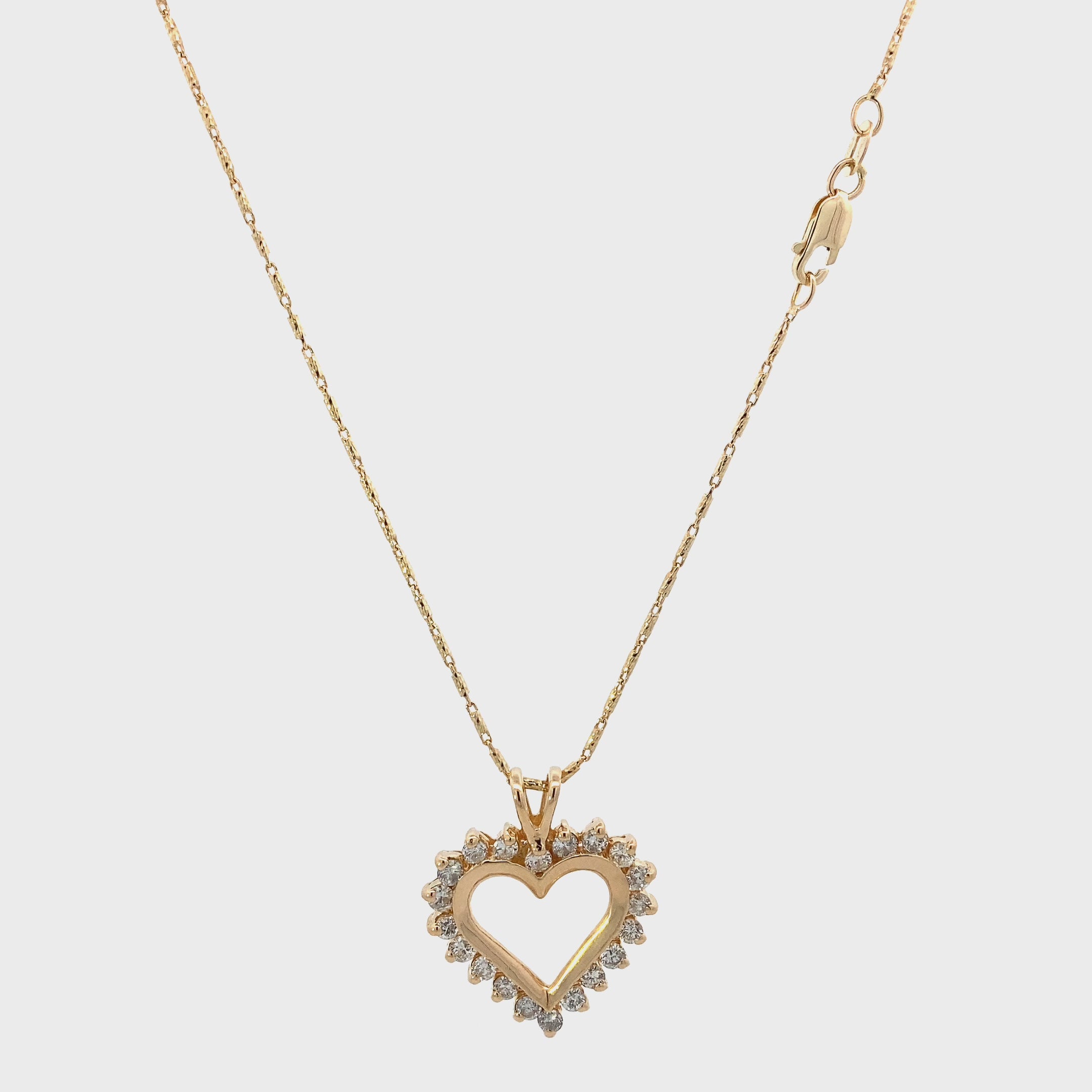 14K Yellow Gold Diamond Open Heart Pendant & Bar Link Chain Set - 0.90ct