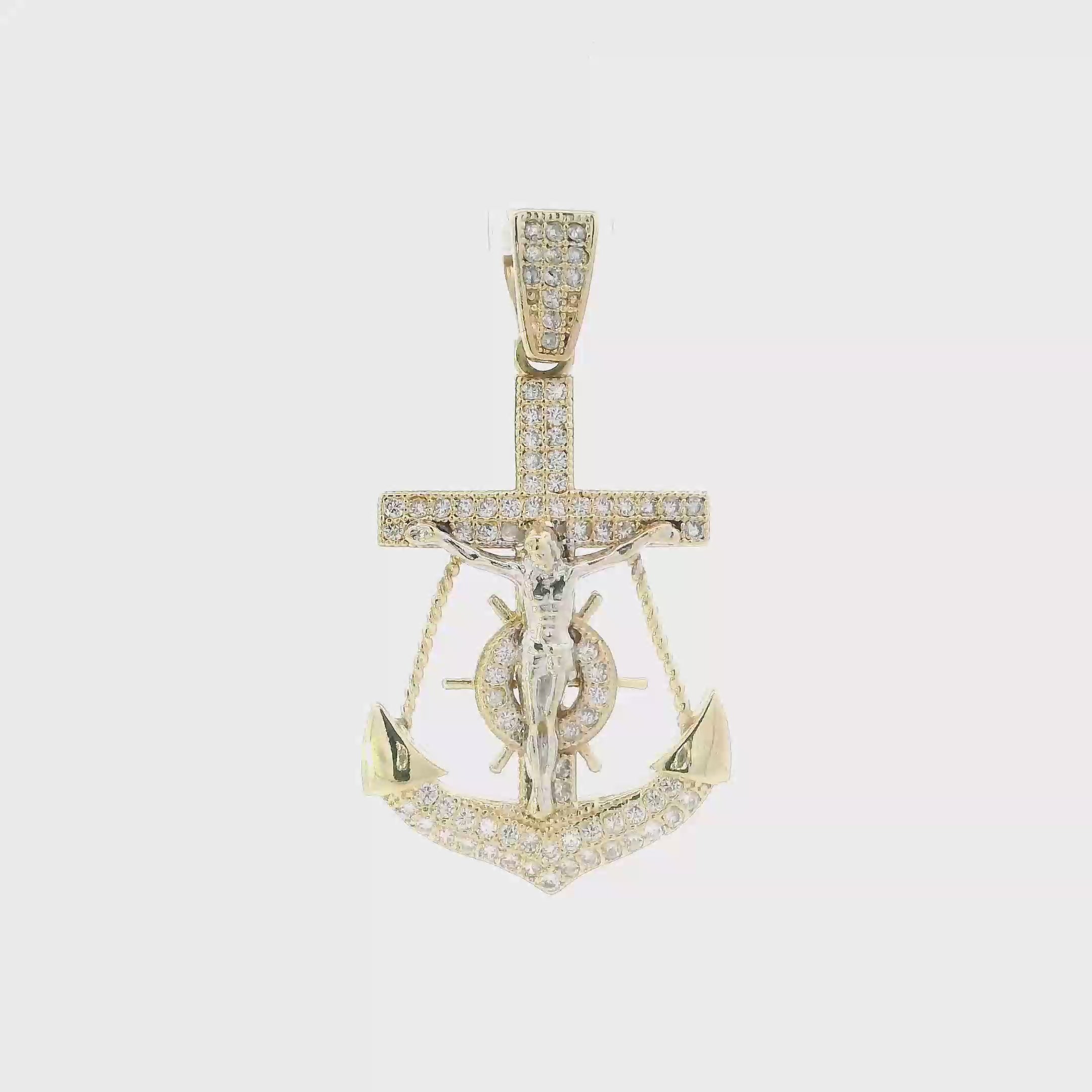 14K Yellow Gold Cz Mariner Crucifix Pendant