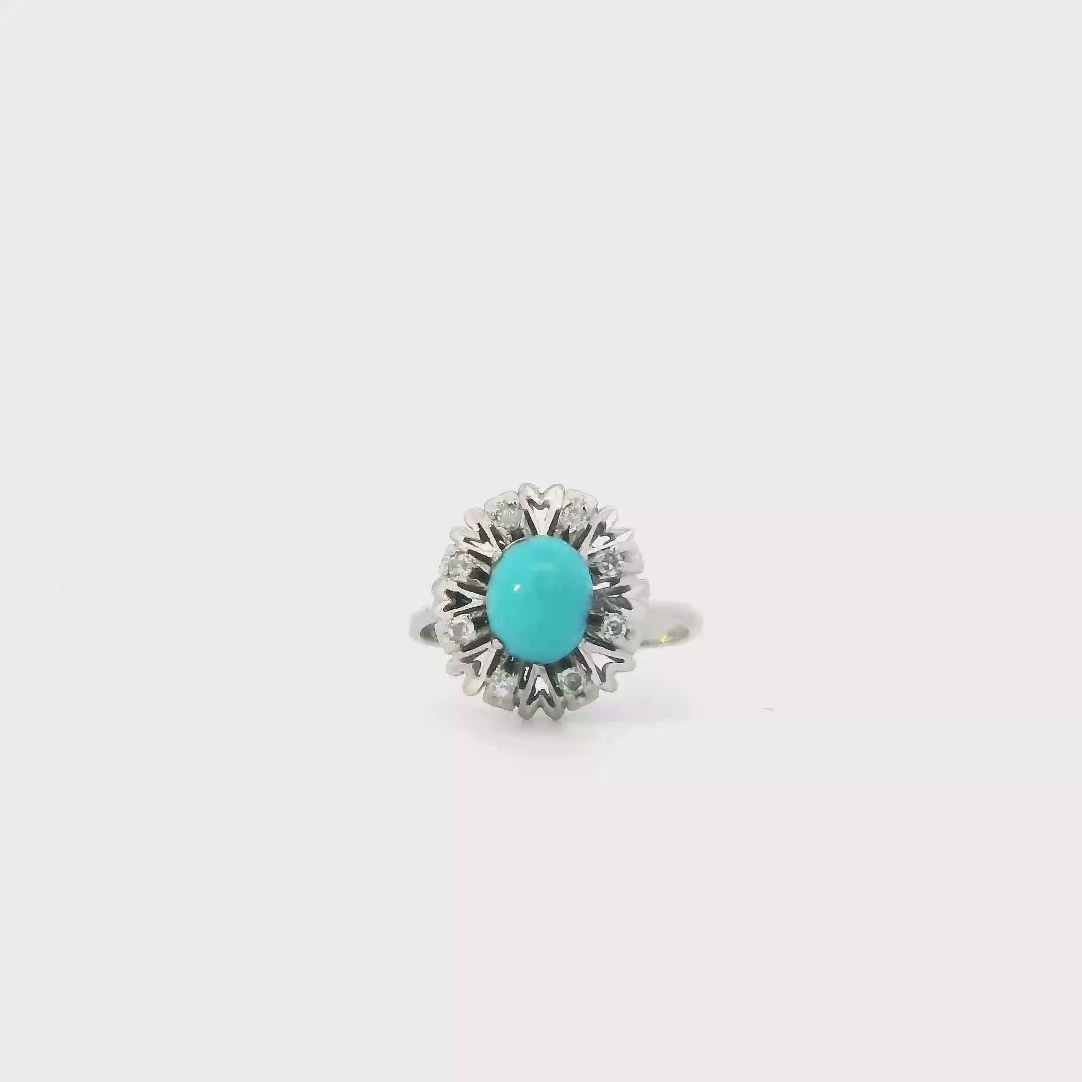 18K White Gold Turquoise & Diamonds Womens Vintage Ring - 0.08ct