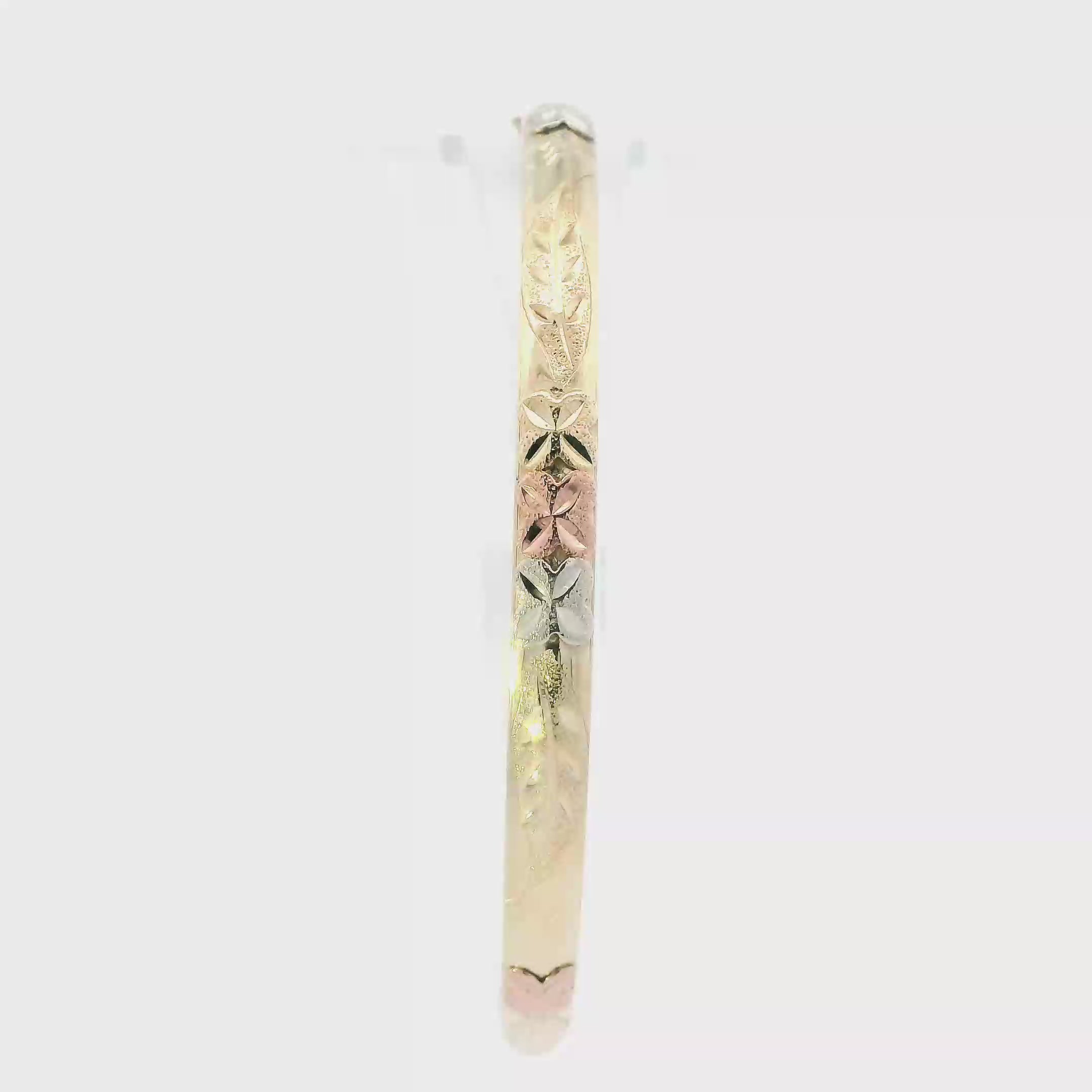 14K Tri Color Gold Diamond Cut Floral Design Bangle