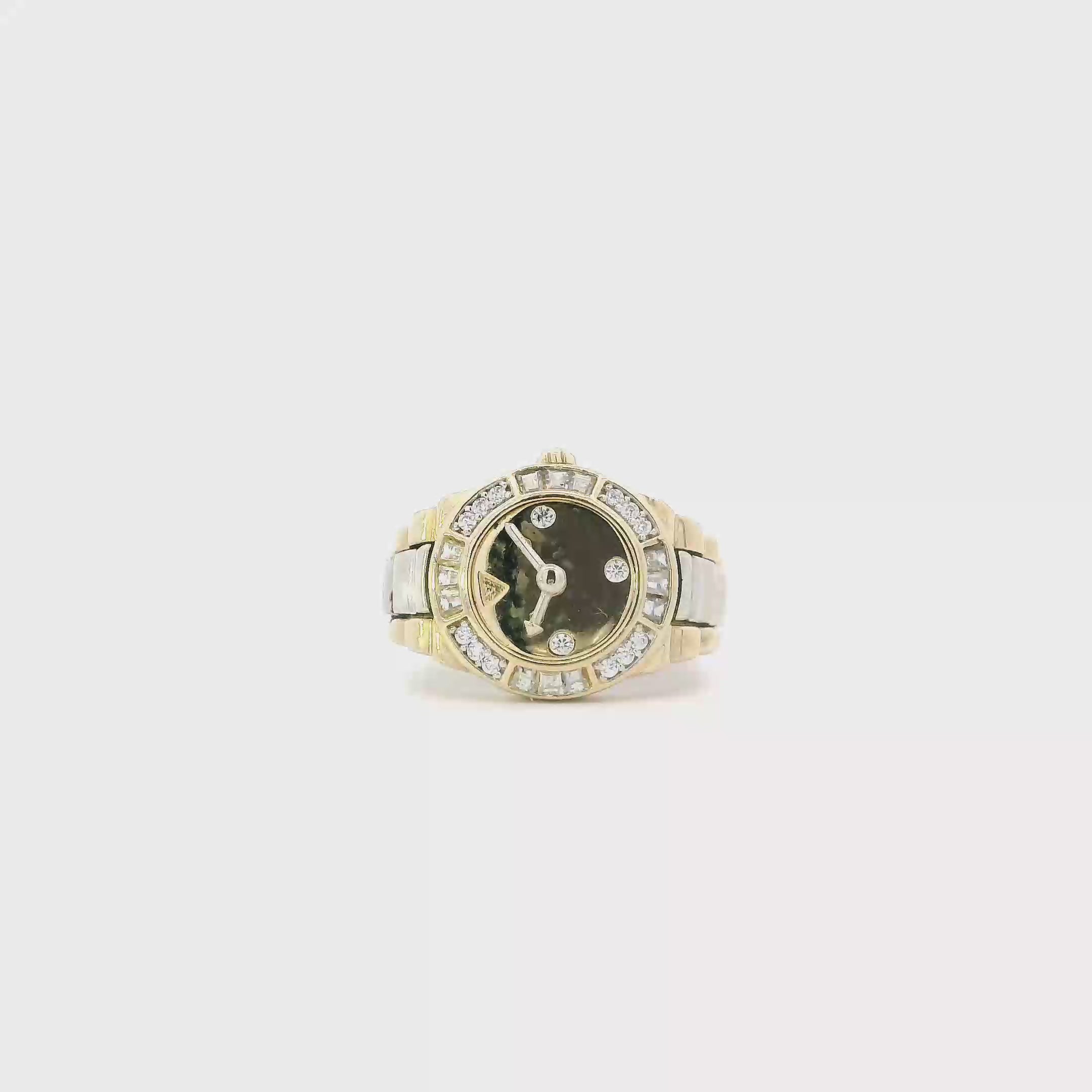 14K Yellow & White Gold Rolex Watch Style Cz Mens Ring