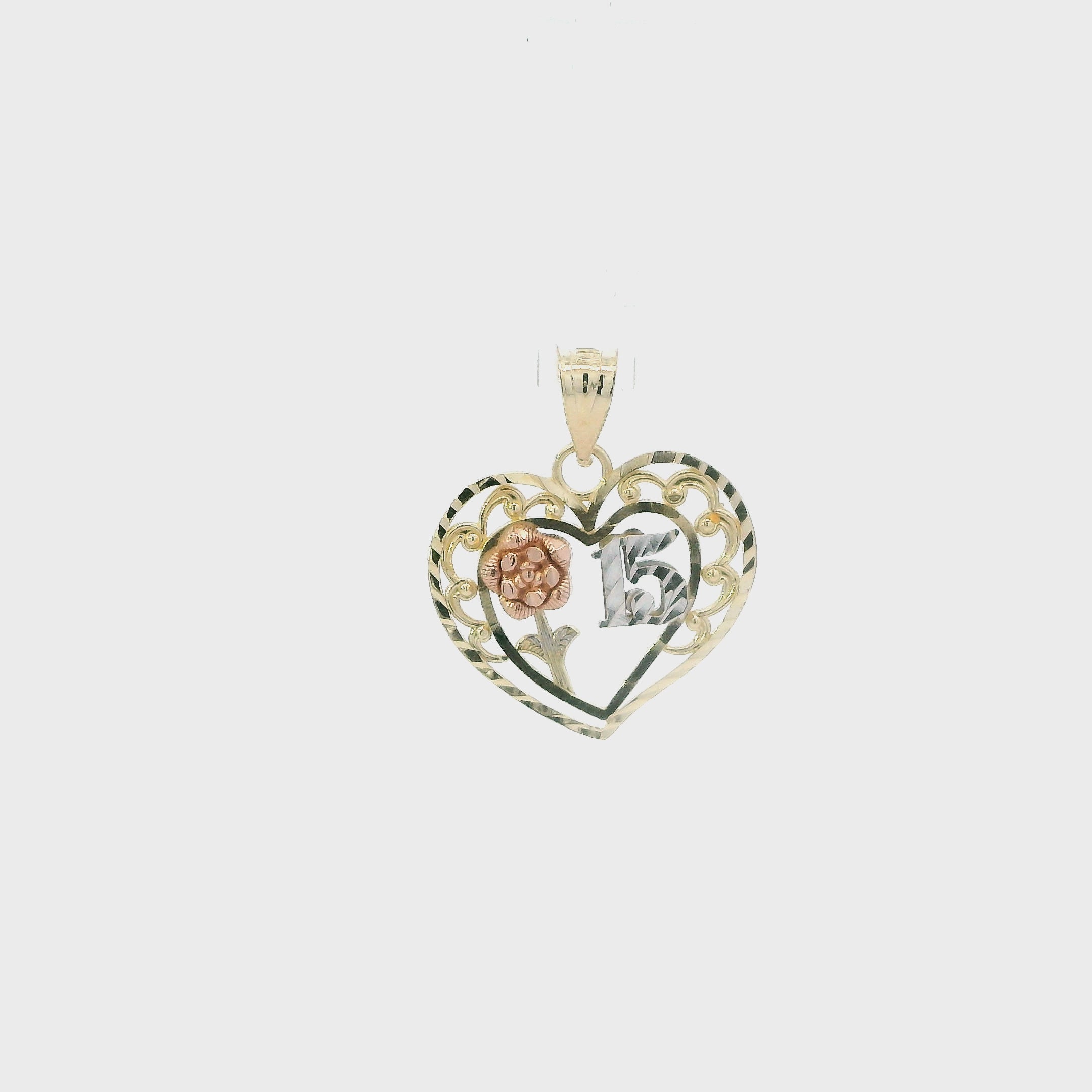 14K Tri Color Gold Rose & Heart 