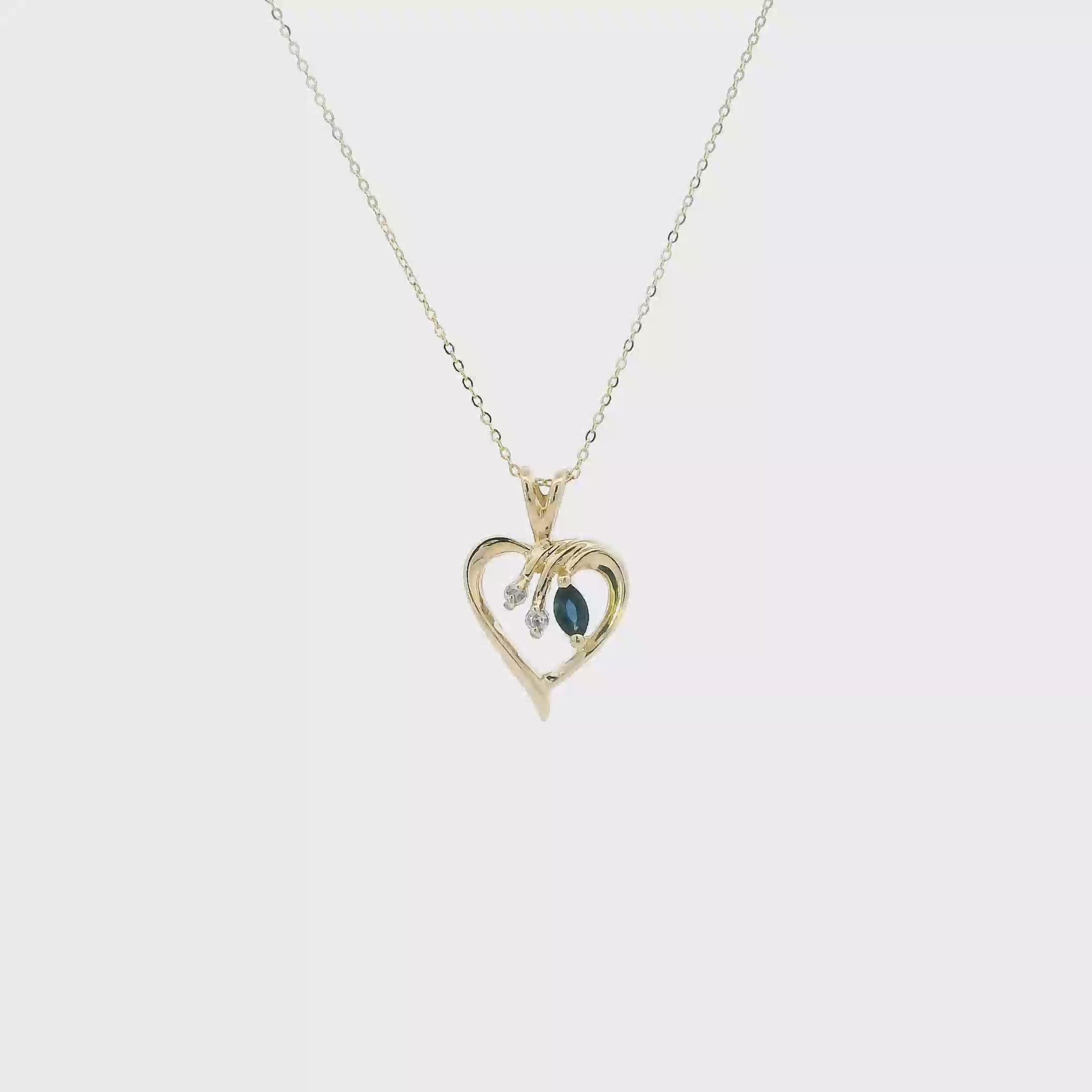 14K Yellow Gold Sapphire & Diamond Heart Pendant & 20