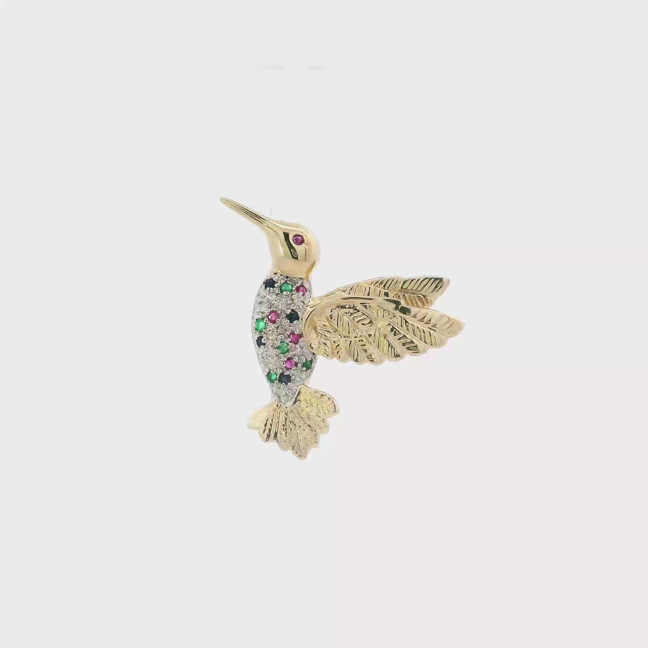 14K Yellow Gold Emeralds, Sapphire, Ruby Hummingbird Pin Pendant
